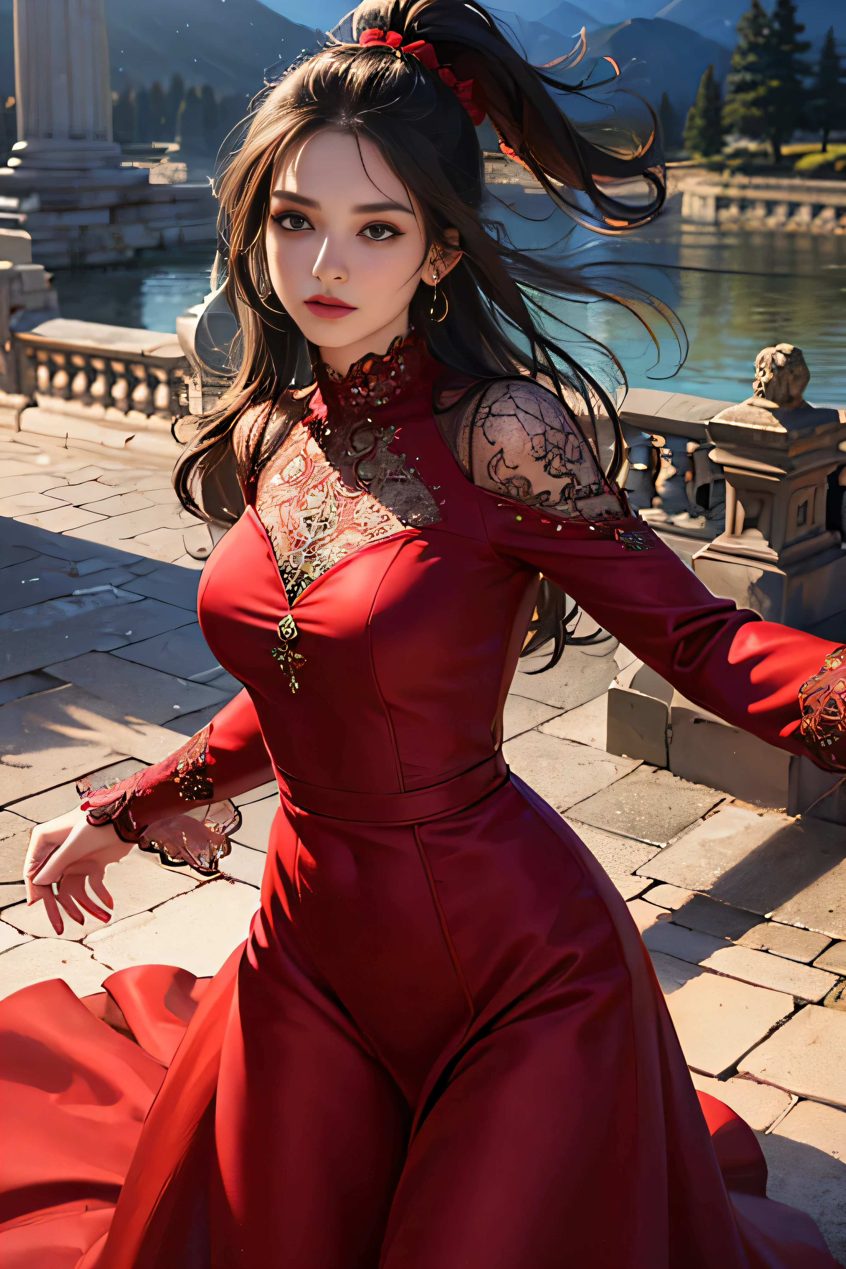(skindentation:1.5), Realistic, Photorealistic, (masterpiece:1.5), concept art, intricate details, highly detailed, photorealistic, octane render, 8k, unreal engine, dynamic pose, best quality, highres, (realistic face:1.1), (hyperrealistic:1.1), (((full_body))), perfect eyes,(shiny skin:1.2), perfect hand, extremely detailed background, ((snow)), ((1girl)), ((wearing red long silky dress)), ((detailed eyes, high quality eyes, high quality face)), long black hair, messy ponytail, dramatic, depth of field, bokeh, 4k, ancient ruin, dancer, (((fighting))), long sleeves, (((red long chiffon dress))), turtle neck, standing on a old stone bridge
