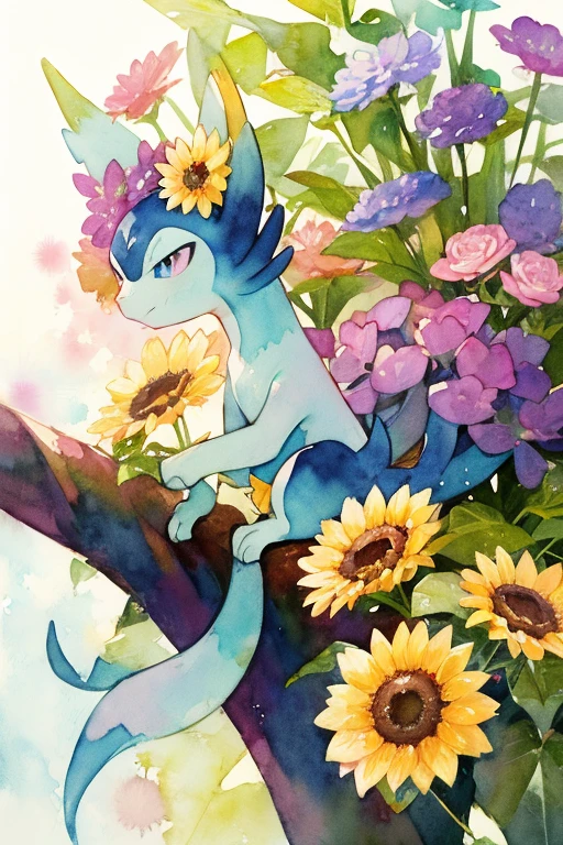 -watercolor, pokemon \(creature\), no humans, flower, colorful flower