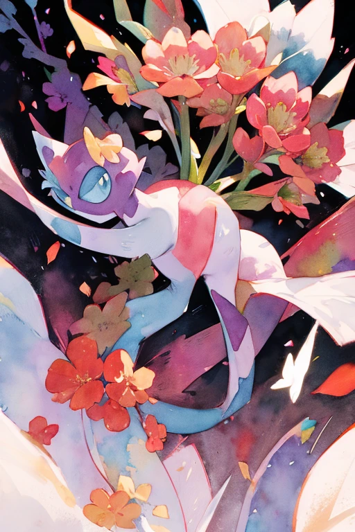 -watercolor, pokemon \(creature\), no humans, flower, colorful flower