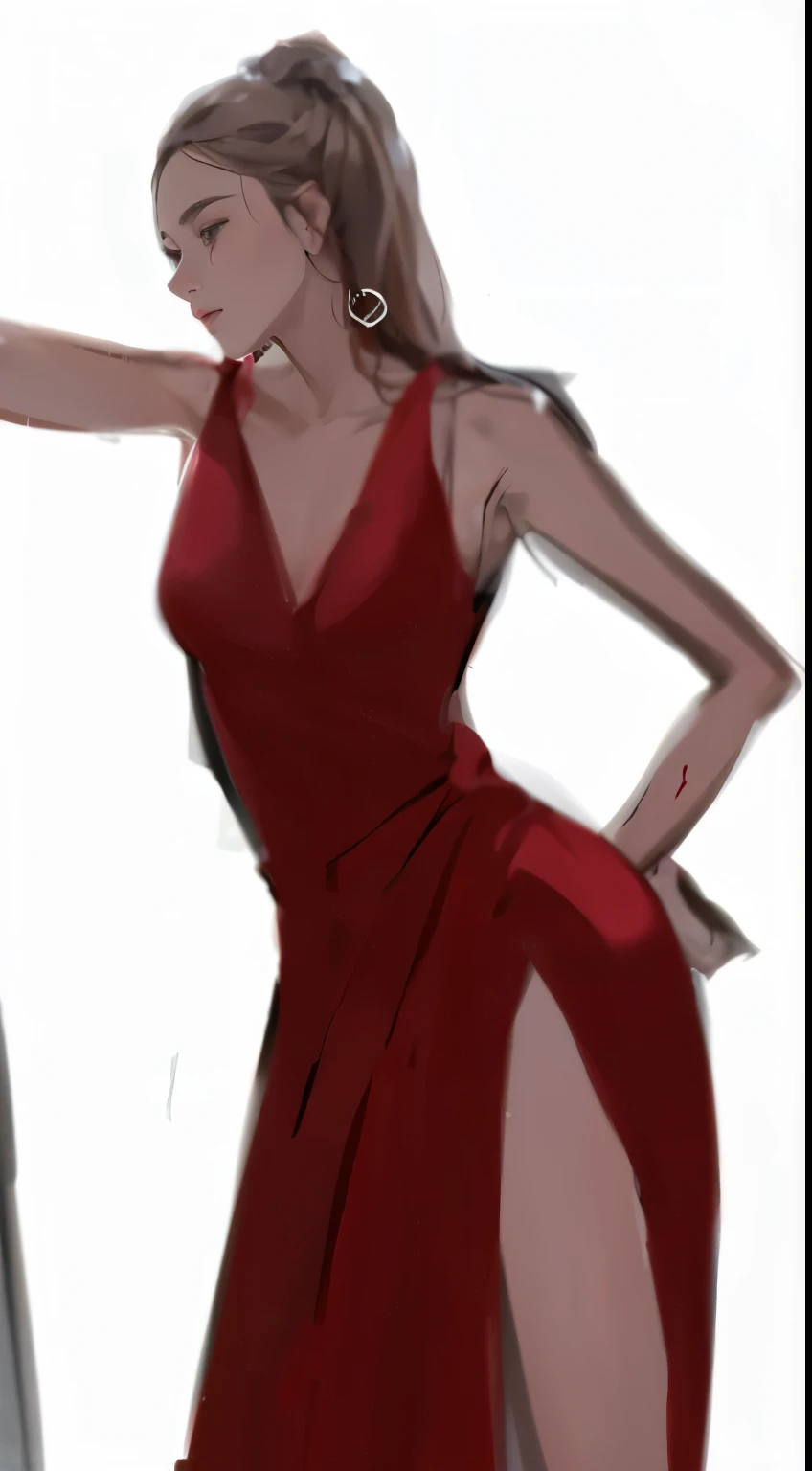 a close up of a woman in a red dress standing next to a man, grayscale phtoto with red dress, wearing a red dress, digital sketch, wearing red dress, in a red dress, red dress, Digital art of elegance, Make a graceful gesture over you., quick sketch, digital painting, digital paintingที่ร้อนระอุ, drawn with photoshop, Flow series