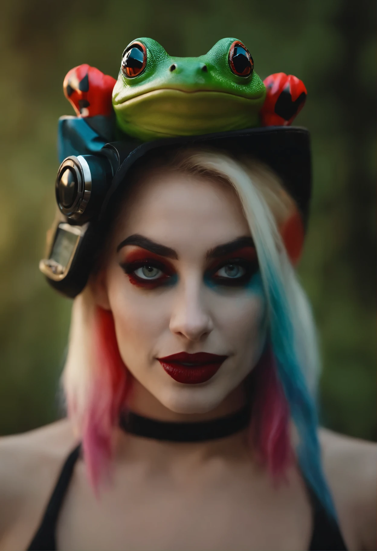 close-up of a woman with a frog on her head, Harley Quinn, портрет Harley Quinn, Colorful camera work, Scary 4K color graphics, artist Julie Bell Beeple, Artist Alessandro Pautasso, Harley Quinn, author Galen Dara, Martin Ten, artistic portrait of Martin Ten, Harley Quinn