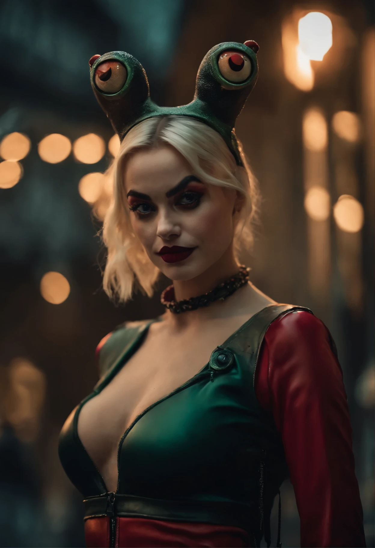 close-up of a woman with a frog on her head, Harley Quinn, портрет Harley Quinn, Colorful camera work, Scary 4K color graphics, artist Julie Bell Beeple, Artist Alessandro Pautasso, Harley Quinn, author Galen Dara, Martin Ten, artistic portrait of Martin Ten, Harley Quinn