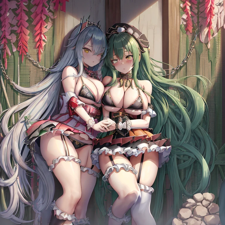 (Very good image quality), 1 girl Emerald green hair, long twin tails hair, back braid, low braid, bangs covering one eye, white veil, beret, silver tiara, yellow eyes, black blindfold, (chain) (bracelet with chain), (leg rings with chains)(chain connected to the wall), fully extended arms, fully extended legs, magical girl, off-shoulder, Kimono over bikini,pleated skirt, spreading skirt, bikini that can be worn inside, lace fabric bikini, black bikini, garter belt, Thigh-high socks, exhaustion, blushing, sweatyumekawa,yumekawaii,pastel color,(wonderland garden:1.3),rainbow waterfall,dripping ink,imagination,(Castle:1.4),