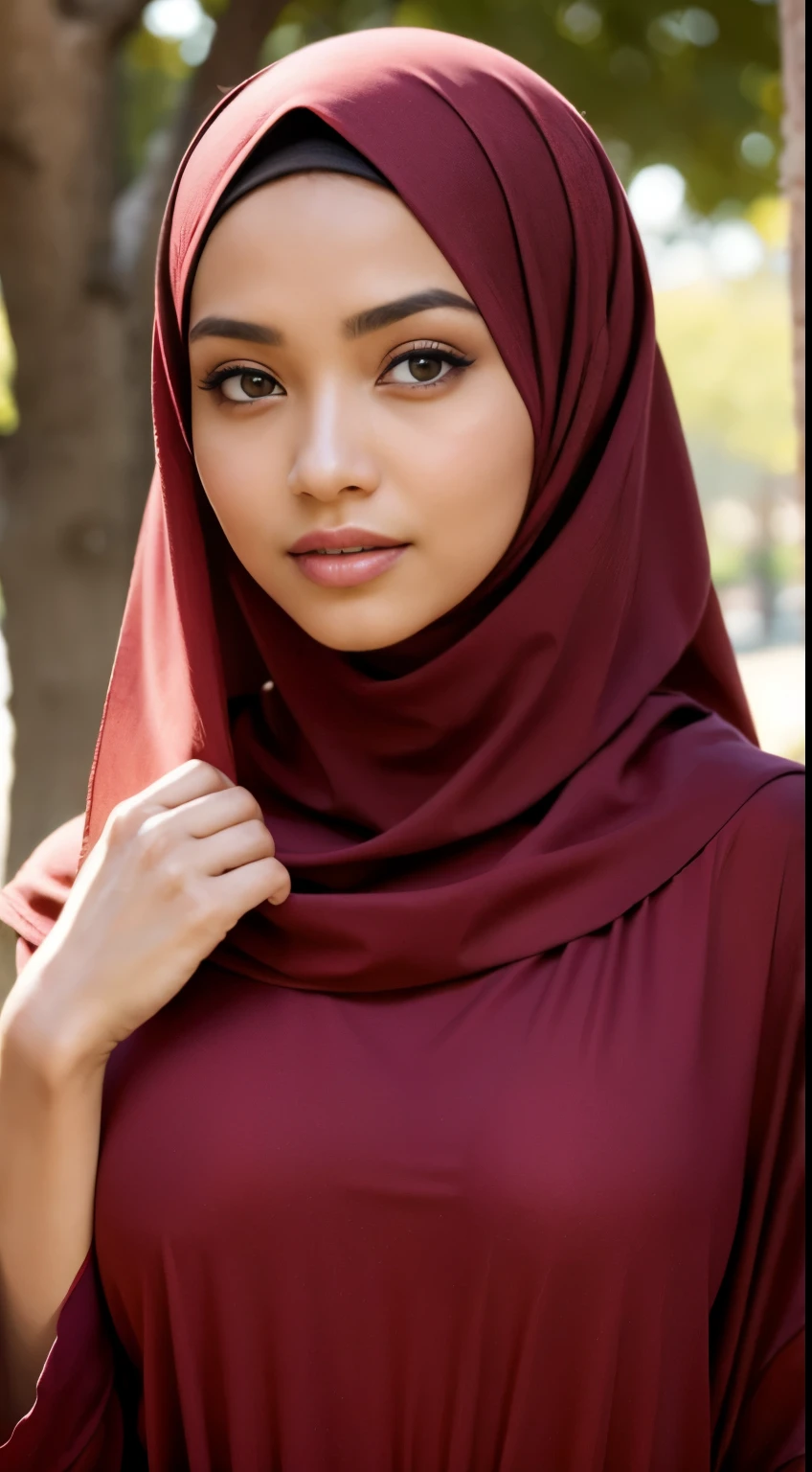RAW, Best quality, high resolution, masterpiece: 1.3), beautiful Malay woman in hijab,Masterpiece, perfect slim fit body, Huge breast,big gorgeous eyes, Soft smile,a close up of a woman in a red dress and a red scarf, wearing beautiful clothes, beautiful design, hijab, rustic, very beautiful enga style, beautiful masterpiece, fine details, wearing gorgeous clothing, (Delicate turtleneck) , necklace, hairband, afternoon walk, City garden, Excellent lighting, Bright colors, Clean lines