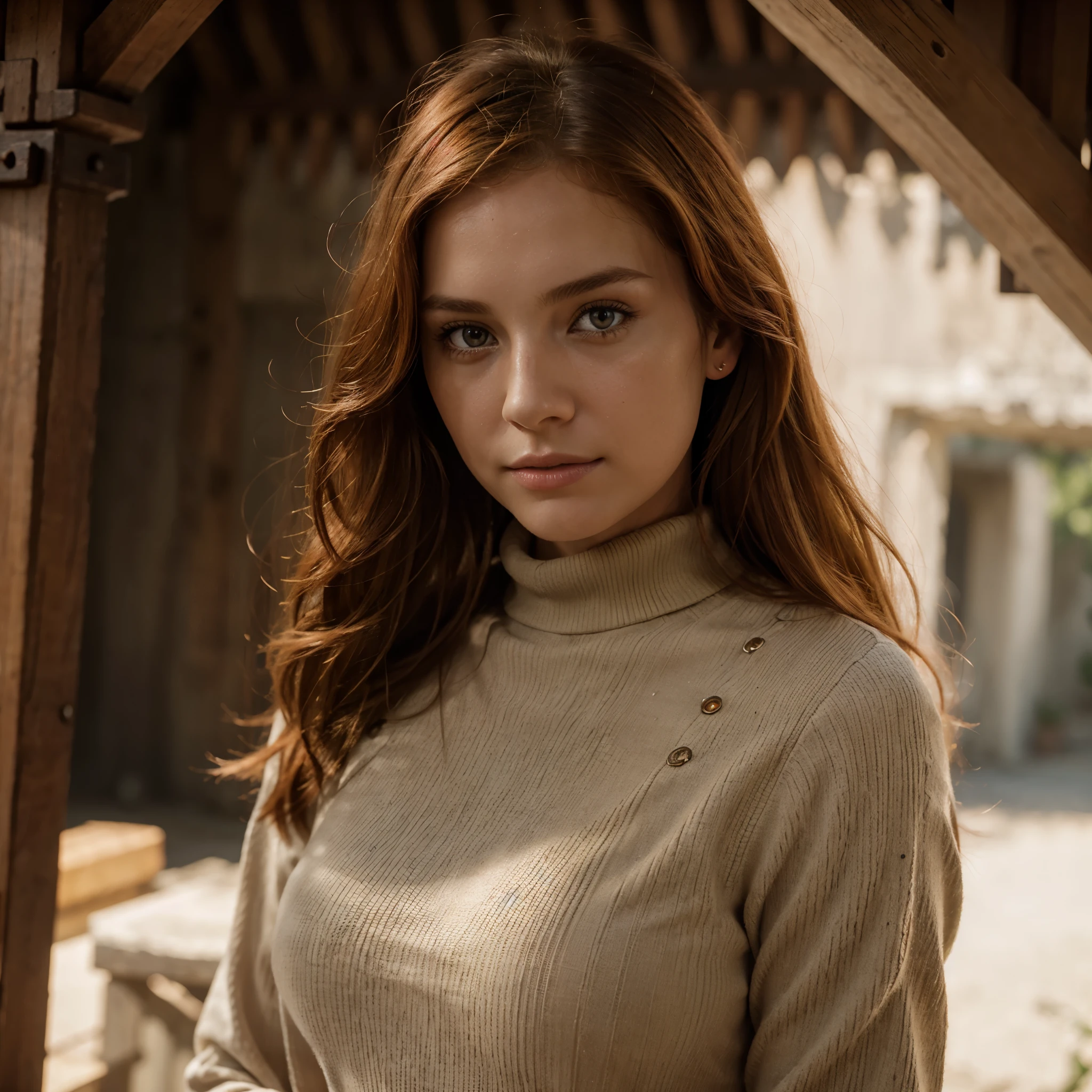 RAW uhd portrait of 24-year-old blonde close-up, Natural red hair, castles, Wavy, (brown-eyed woman) brandygordon, a woman wearing turtleneck Chinese dress sunset ,Prehistory, natural , redhead, (Red Summer Dress), (cutout), Detailed (textures!, Hair!, brightness, Color!, imperfections:1.1), High detail of light eyes, (looking at the camera), specular lighting, dslr, ultra quality, Sharp, Depth of field, Film grain, (centered), Fujifilm XT3, Crystal clear, The center of the frame, cute face, bokeh, (dimly lit), Low key, (day sky).