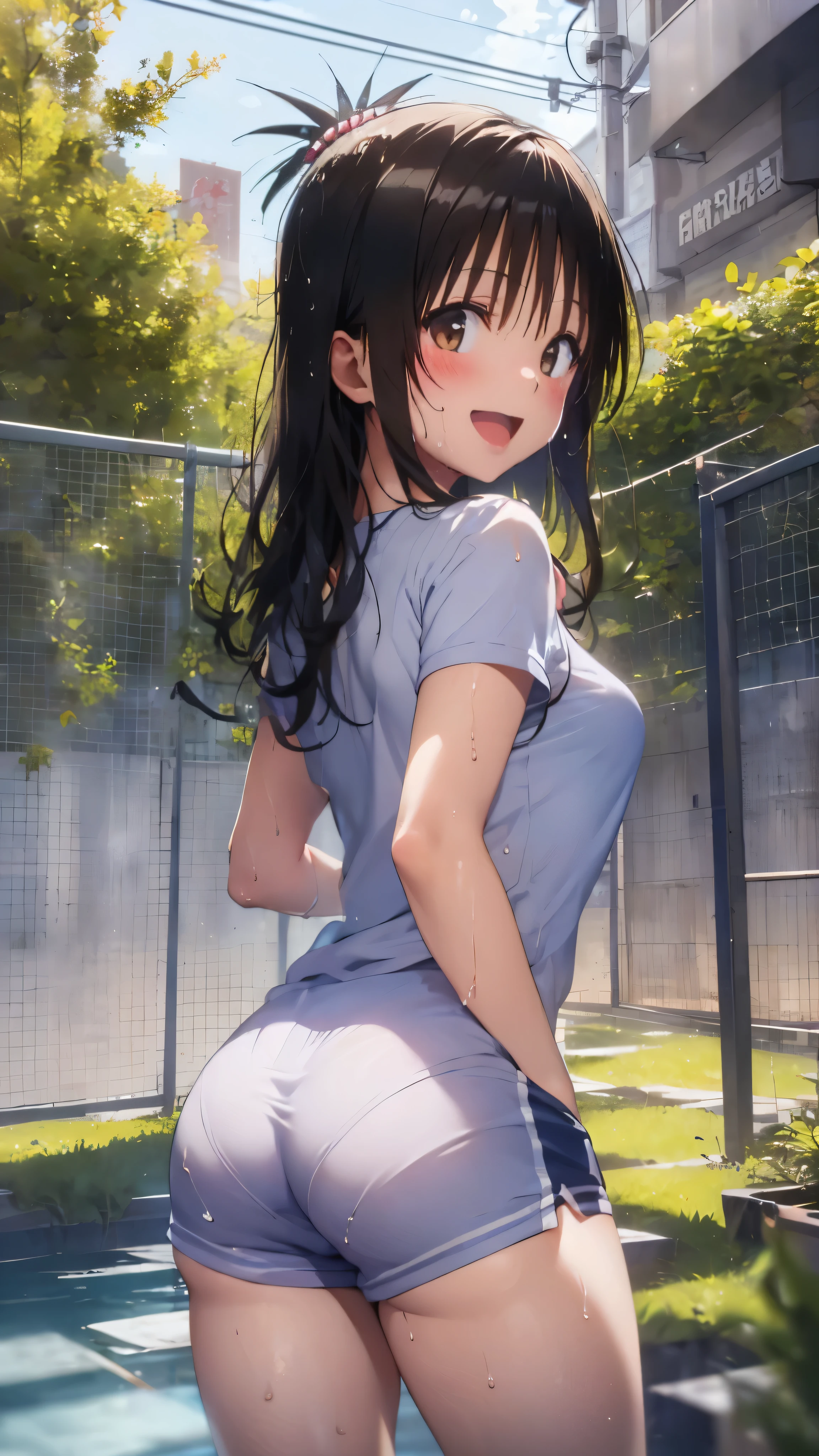 1 female,black hair,((12 years old)),(((White and blue short sleeve gym clothes and shorts)))(((blush、open mouth smile)),(((Yuki Mikan))),crowd(baby girl body shape)(((small breasts)))look back,((wet with sweat))outdoor playground,Mansuji