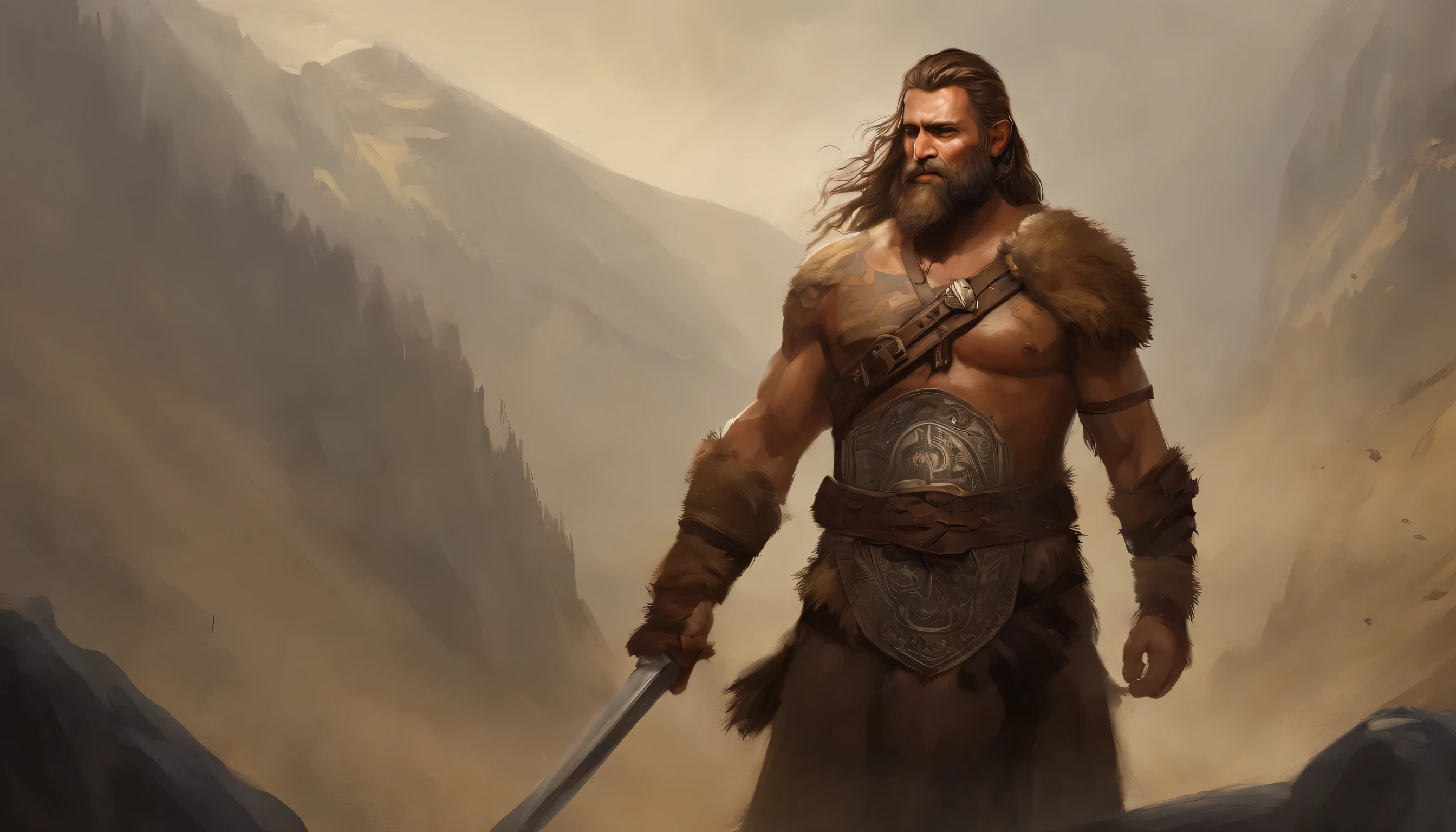 Homem em uma roupa marrom com um machado duplo, Personagem altamente detalhado, guerreiro viking, epic viking king, Ancient Norse epic hero, musculoso cabelo longo com tatuagem, cabelos e olhos castanhos, estilo de filmagem de modelo, (papel de parede CG 8k extremamente detalhado), Foto corporal da obra mais bonita do mundo, Armadura medieval, Retrato corporal, ninrode, the first king of Babylon, Hunter, barbarian, HOMEM MACHO, majestic professional oil painting by Ed Blinkey, Atey Ghailan, Studio Ghibli, por Jeremy Mann, Greg Manchess, Antonio Moro, trend at artstation, trend at CGSociety, intricado, alto detalhe, sharp focus, dramatic, arte de pintura fotorrealista de Midjourney e Greg Rutkowski.