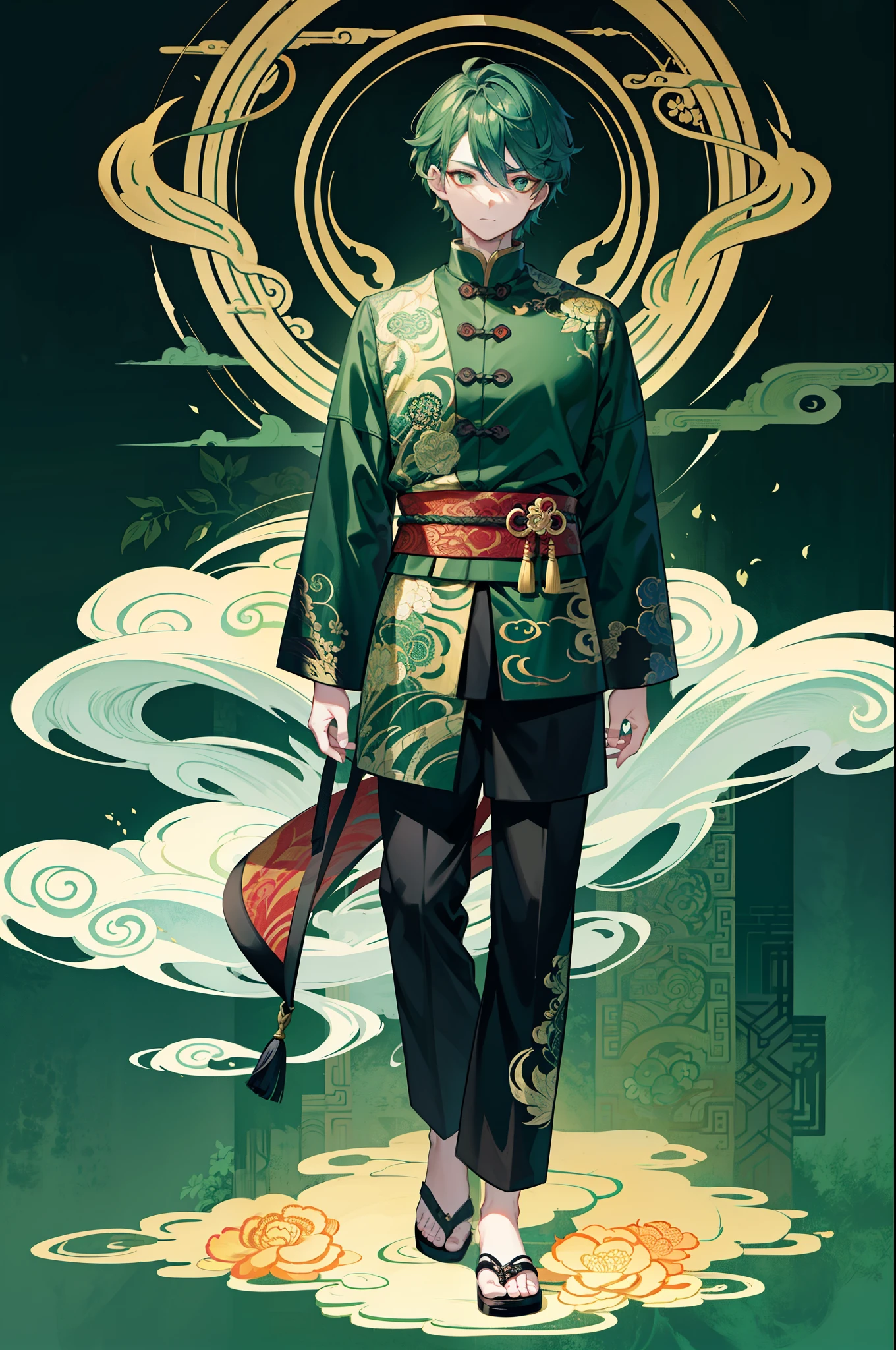 Dragon and plant floral motifs combined，Masculine male，Thick eyebrowuzz cut，frontage，Standing painting，full bodyesbian，Full body standing painting，Chinese elements，The clothing  printed with auspicious patterns of continuous green mountains and sea.