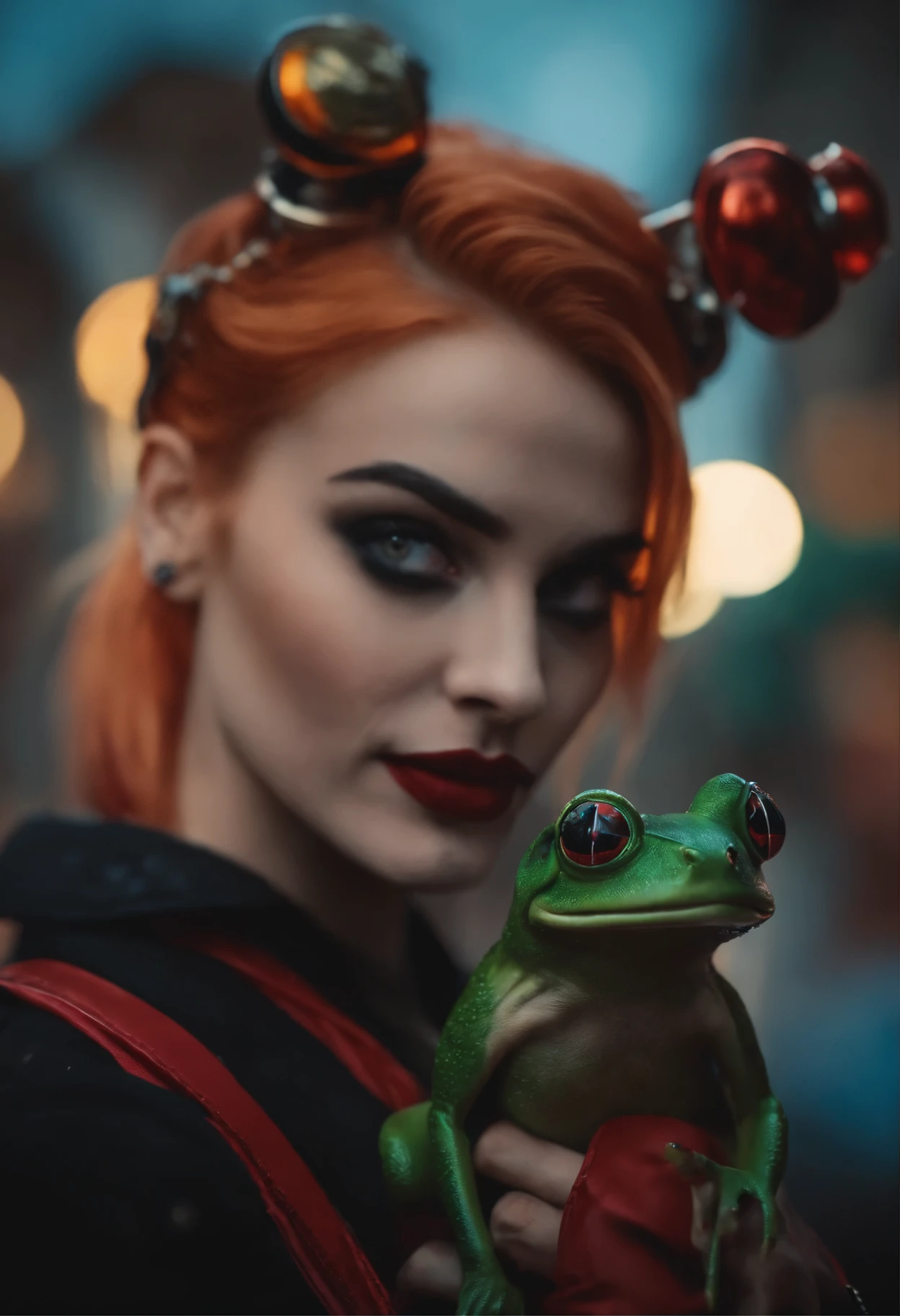 close-up of a woman with a frog on her head, Harley Quinn, портрет Harley Quinn, Colorful camera work, Scary 4K color graphics, artist Julie Bell Beeple, Artist Alessandro Pautasso, Harley Quinn, author Galen Dara, Martin Ten, artistic portrait of Martin Ten, Harley Quinn