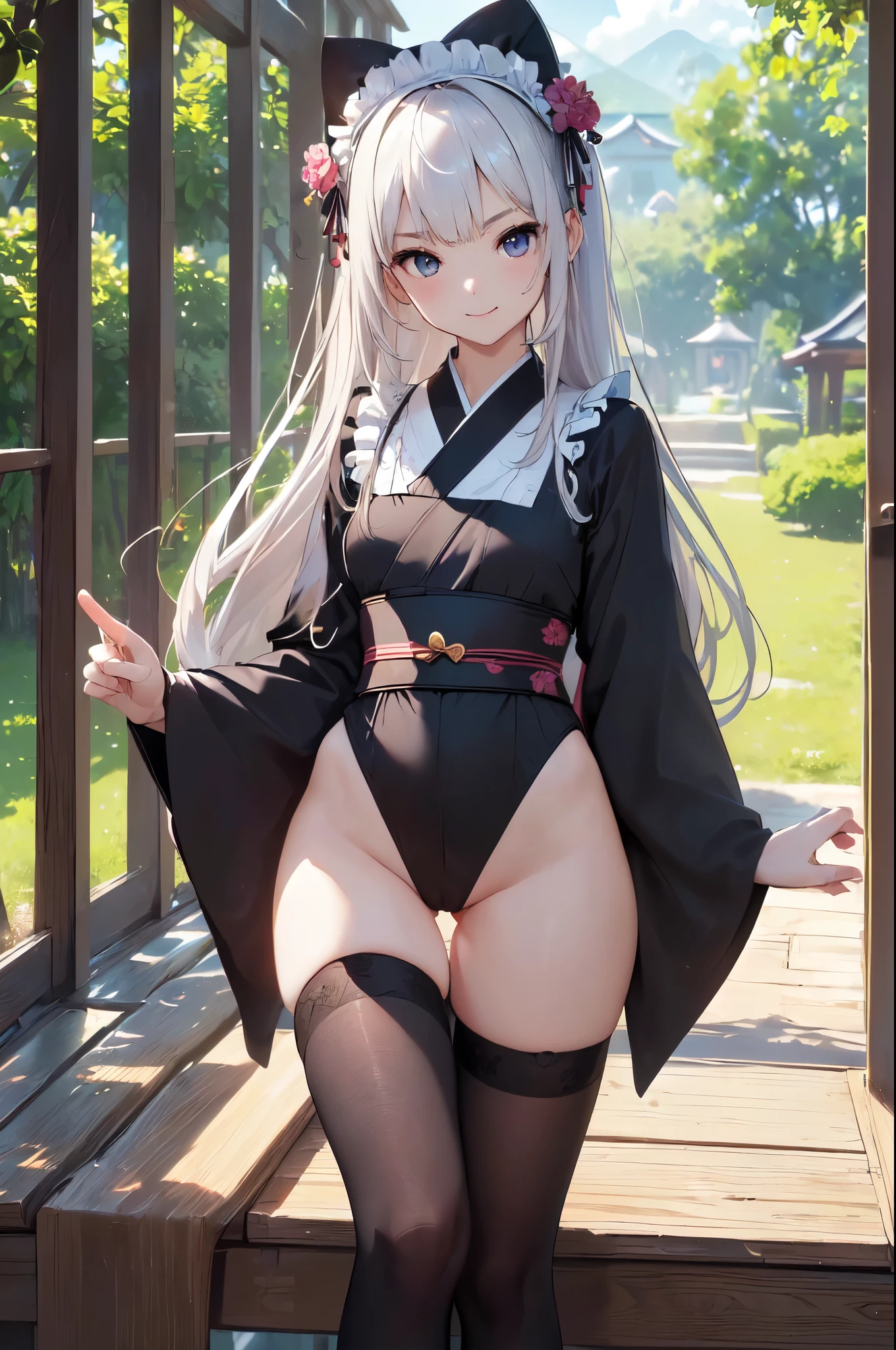 ((masterpiece、4K、8K、highest quality: 1.perfect fingers: 1.perfect anatomy: 1.3、background blur))、((kimono maid leotard、************、slender、small face、super beautiful girl、（straight long hair))、beautiful big droopy eyes、happy smile、full body display、knee high socks、sky and grass、
