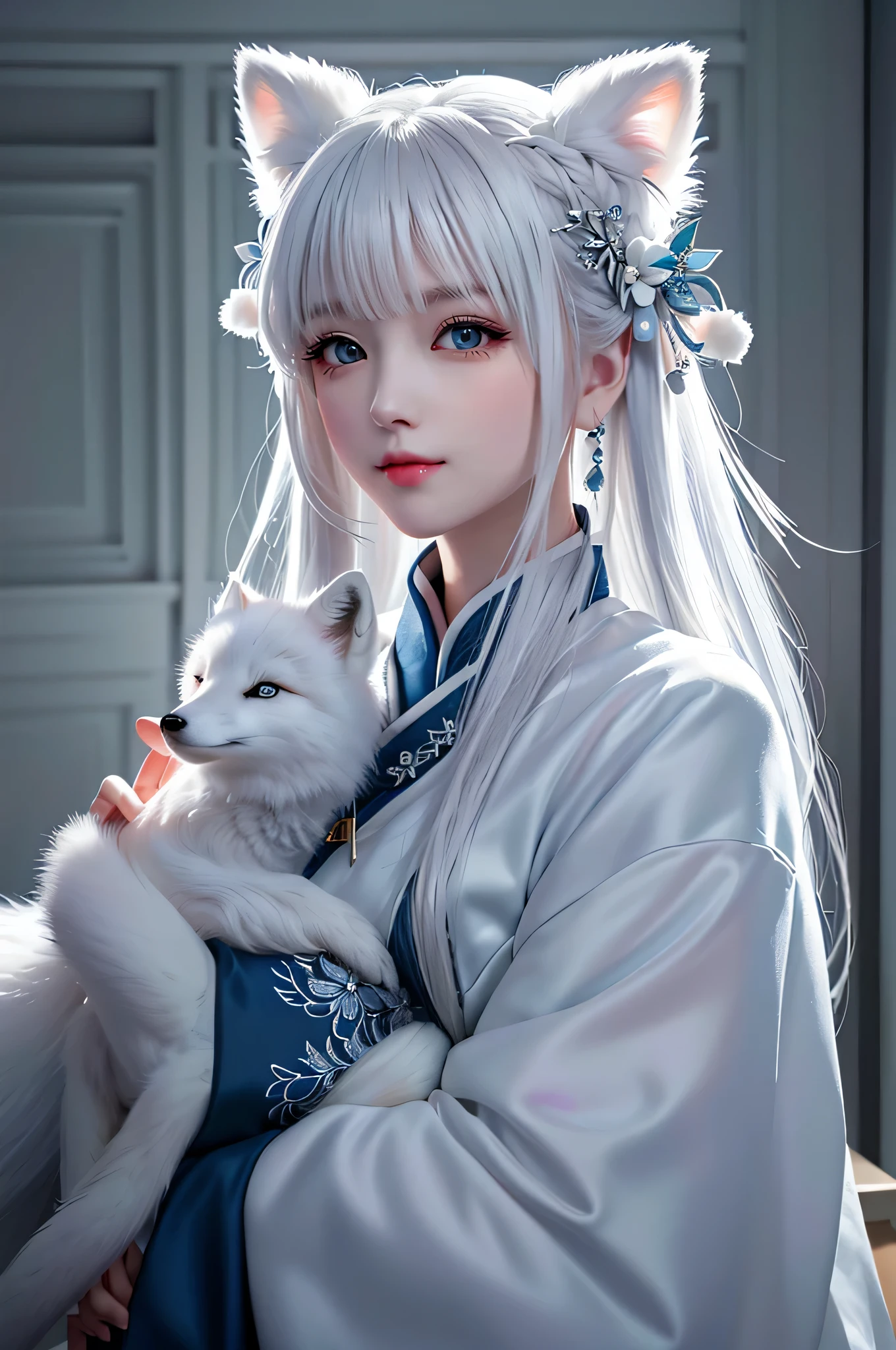 白发arctic fox动漫女孩, Holding a big white fox in his arms，cute fox，snuggle up to a woman&#39;arm，Beautiful fox girl, Art work style, guweiz, author：Yang Jie, with white hair, 长着white hair, white hair, author：incredible, perfect gray haired girl, beautiful figure painting, white hair girl, arctic fox, Beautiful anime portrait