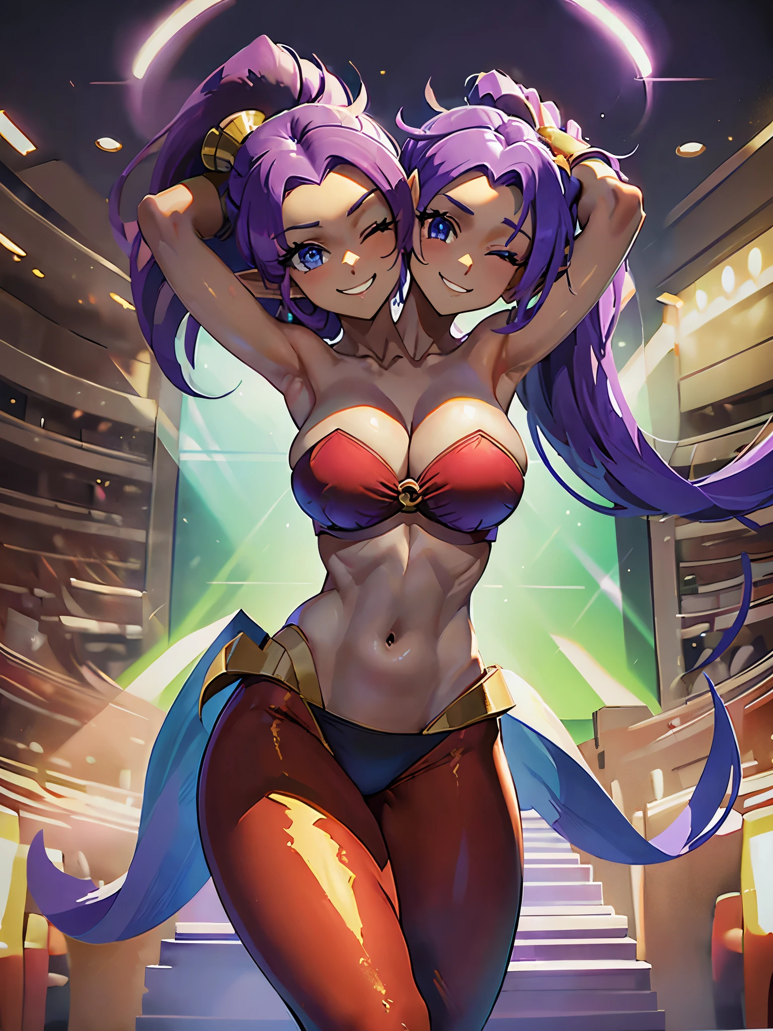 (masterpiece, best quality), best resolution, (2heads:1.5), 1girl, shantae cosplay, purple hair, high ponytail, pointy ears, blue eyes, one eye open and one eye closed, smile, dark skin, red bandeau, o-ring, red harem pants, dancing, inside a convention center