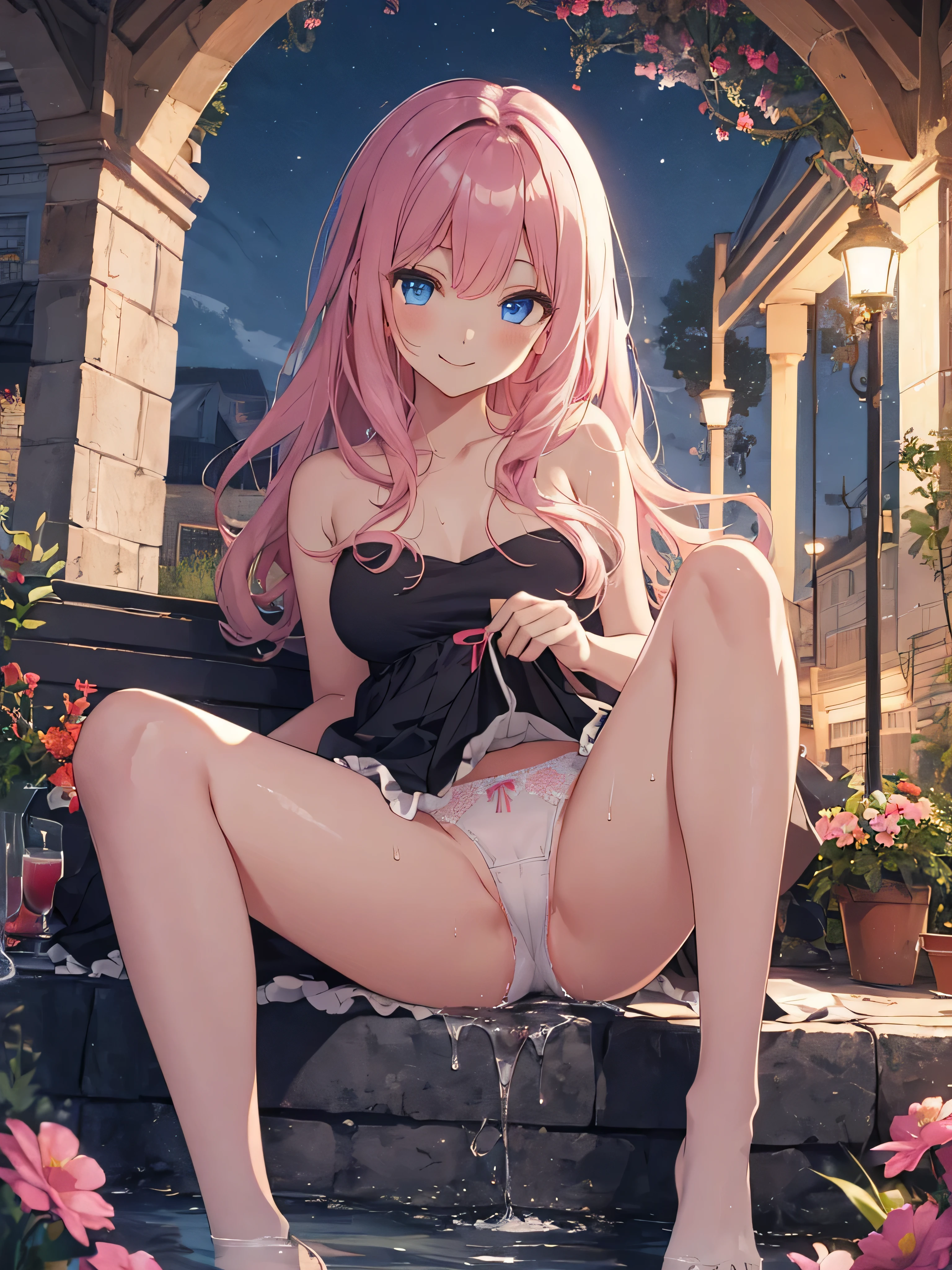 show off panties, ruffle panties, lace panties, wet panties, skirt lift, spread your legs, put your knees up, anime, 1 girl, blue eyes, , cute face, long hair, Pretty dresses, 4K, high definition ultra, pink hair, smile, topless, NSFW, Night sky with river and beautiful flowers, pussy juice