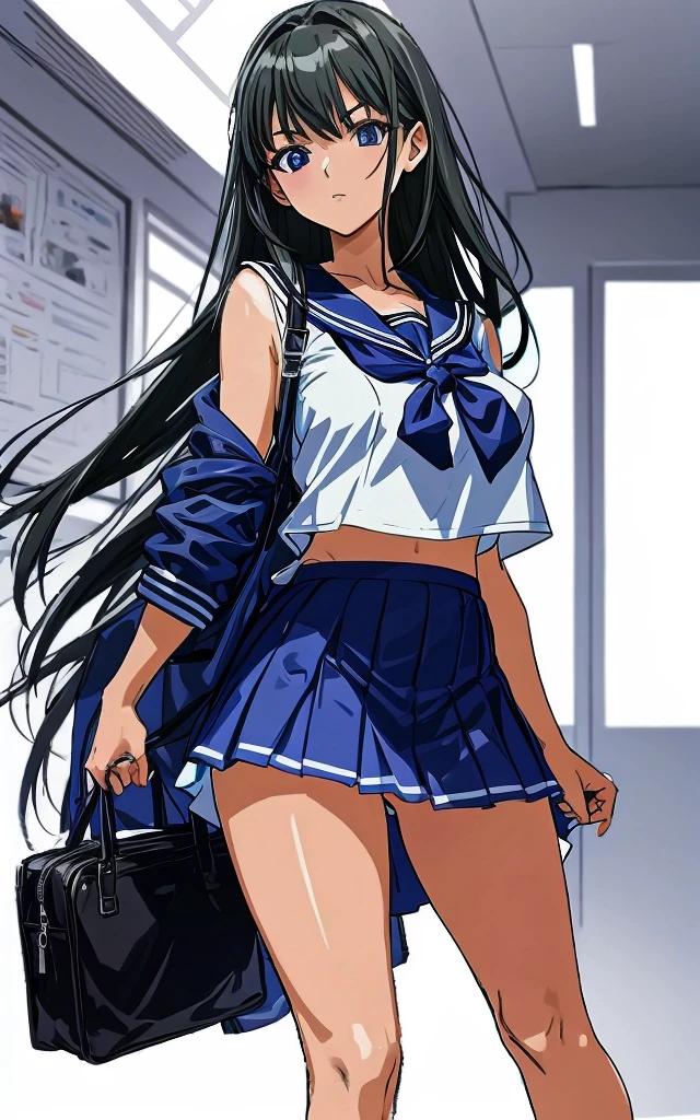 A beautiful woman with shoulder-length black hair, big breasts, beautiful legs, and a sharp face is wearing a sailor uniform with a white miniskirt, showing off her light blue and blue striped butt panties in a close-up, from behind in the school hallway. standing。Being photographed by a man。