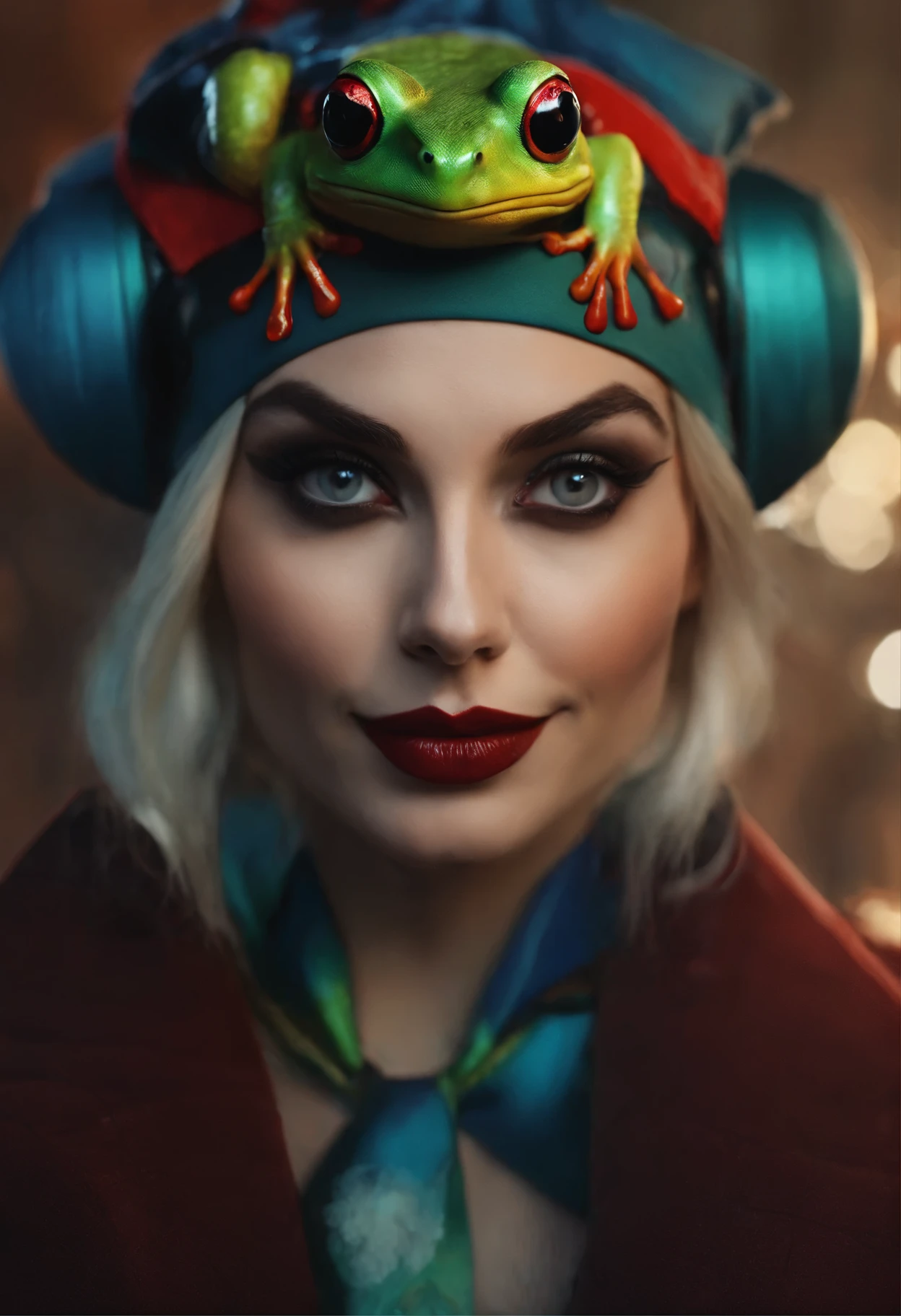 close-up of a woman with a frog on her head, Harley Quinn, портрет Harley Quinn, Colorful camera work, Scary 4K color graphics, artist Julie Bell Beeple, Artist Alessandro Pautasso, Harley Quinn, author Galen Dara, Martin Ten, artistic portrait of Martin Ten, Harley Quinn