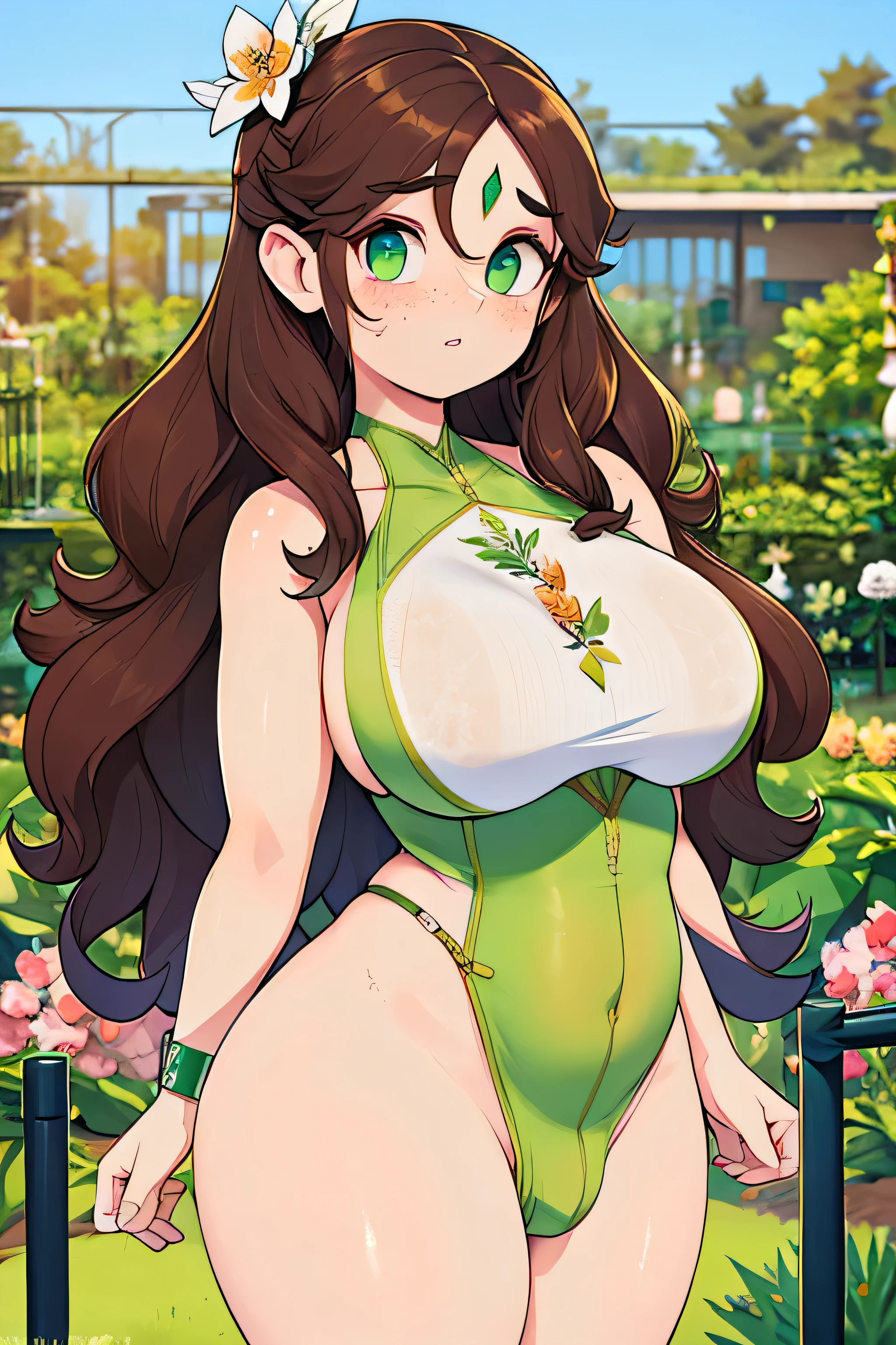 16K, HD, Close up, ((anatomically correct)), 1 woman, Fair skin, (Fat), Voluptuous, Very Chubby, Busty, Curvy waist, Plump butt, Pudgy Stomach, Happy expression, Standing, (long detailed (dark Brown) curly hair, Freckles, Blush, Highly detailed face, Highly detailed lips, Detailed eyes, Green eyes, Longeyelashes, Professional, Highly Detailed, ((Masterpiece: 0.5)), ((Daylight)) ((Standing in a detailed botanical garden:1.5)) (bright light coming off of a sun:0.6), ((High Quality)), large bulge