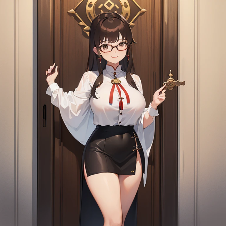 ((1 Woman, with a white mini blouse with Bhutan, with a black mini skirt with Bhutan, with white panties)),((brown hair)),((shallow eyes, with glasses, with a cute smile)), ((big breasts,((standing, in a medieval door, during the day