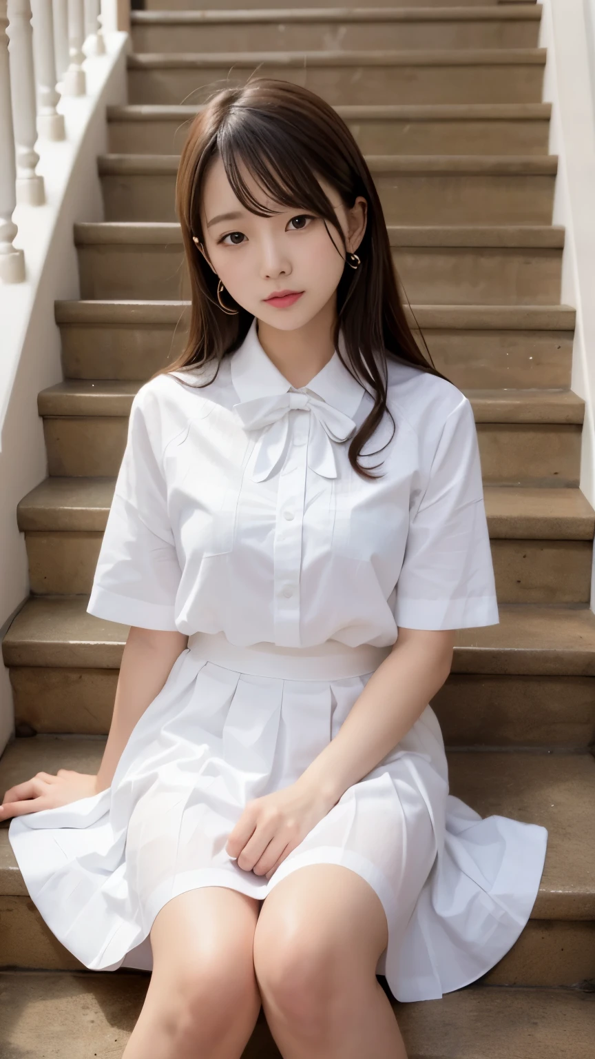 {{male and female couple}}、Stairs in the house、sitting on the stairs、Girl in white blouse and tight skirt、Man's cold gaze、Boys' School Uniform、Put your hands around your waist