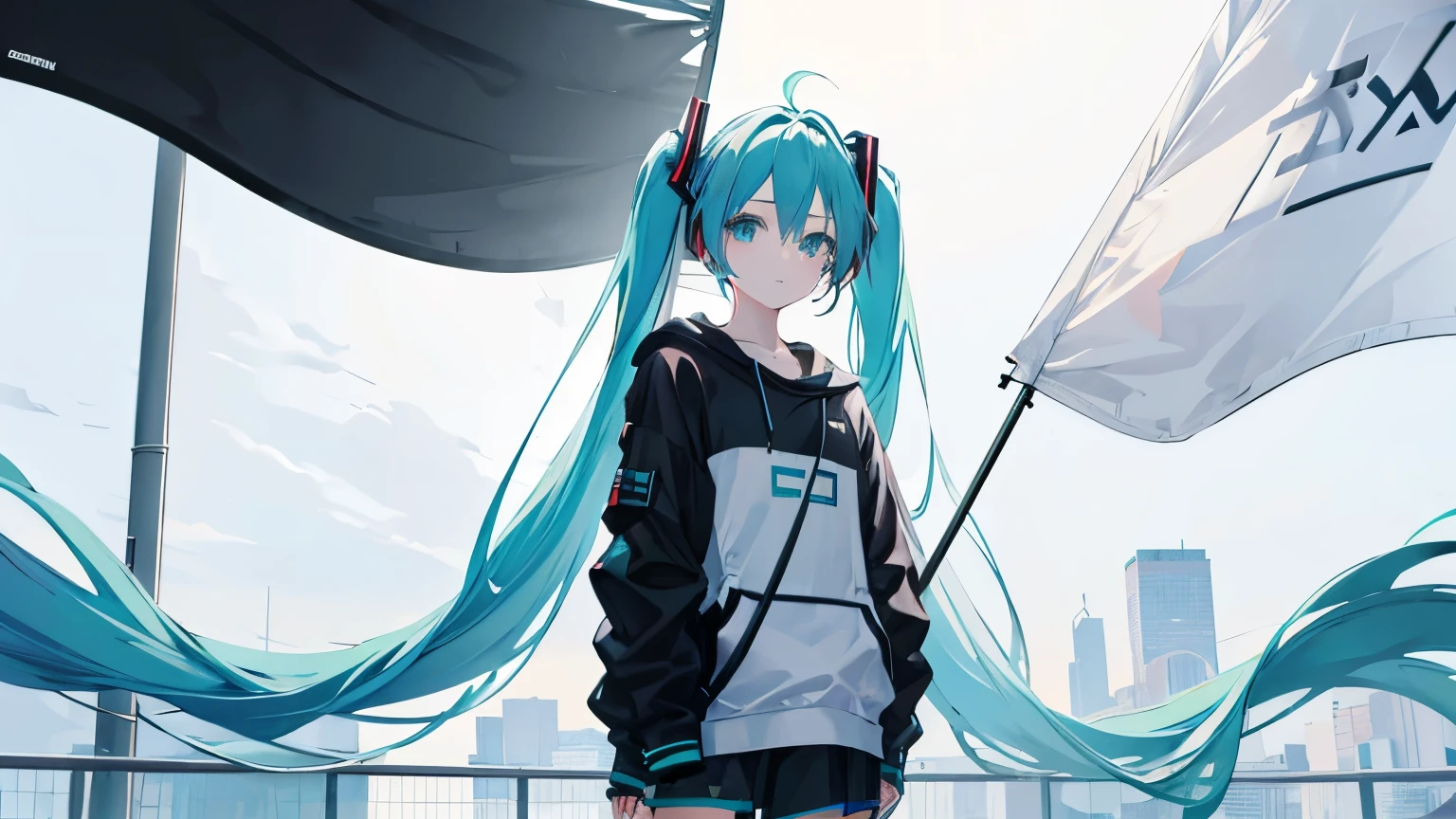 Hatsune Miku, long sleeve, casual clothes, minimalist style, (Big flag:1.2), (masterpiece), (Best Quality, 8K, High resolution), Super detailed, (Reality), vivid colors,
