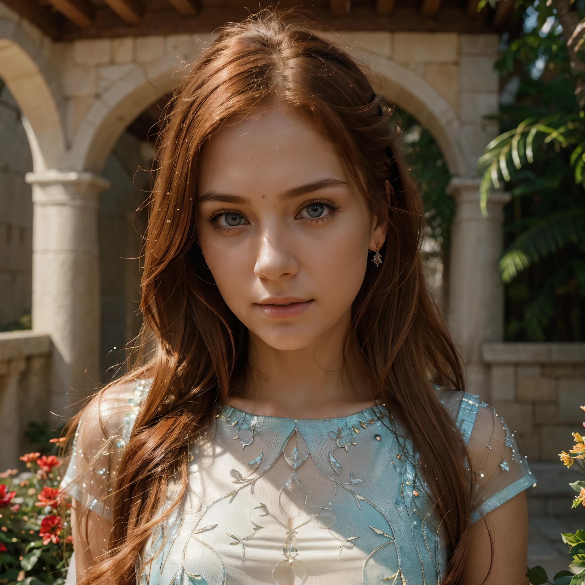 RAW uhd portrait of 24-year-old blonde close-up, Natural red hair, castles, Wavy, (brown-eyed woman) Realistic professional photo, a beautifull intricate winter garden with many flowers, very high details, very detailed, emitting diodes, smoke, sparks, racks, hyperrealism, 4k resolution, Broken Glass effect, no background, stunning, something that even doesn't exist, mythical being, energy, molecular, textures, iridescent and luminescent scales, breathtaking beauty, pure perfection, divine presence, unforgettable, impressive, breathtaking beauty, Volumetric light, auras, rays, vivid colors reflects, Prehistory, redhead, (Red Summer Dress), (cutout), Detailed (textures!, Hair!, brightness, Color!, imperfections:1.1), High detail of light eyes, (looking at the camera), specular lighting, dslr, ultra quality, sharp-focus, Sharp, Depth of field, Film grain, (centered), Fujifilm XT3, Crystal clear, The center of the frame, cute face, sharp-focus, bokeh, (dimly lit), Low key, (day sky).
