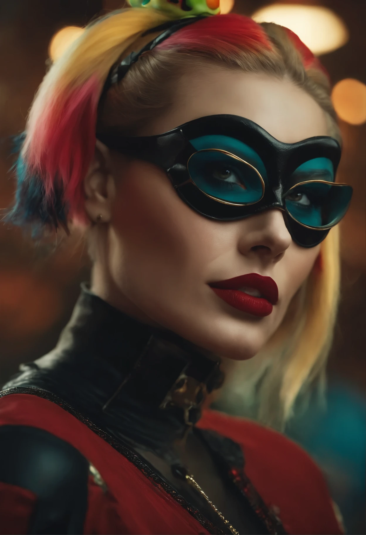close-up of a woman with a frog on her head, Harley Quinn, портрет Harley Quinn, Colorful camera work, Scary 4K color graphics, artist Julie Bell Beeple, Artist Alessandro Pautasso, Harley Quinn, author Galen Dara, Martin Ten, artistic portrait of Martin Ten, Harley Quinn