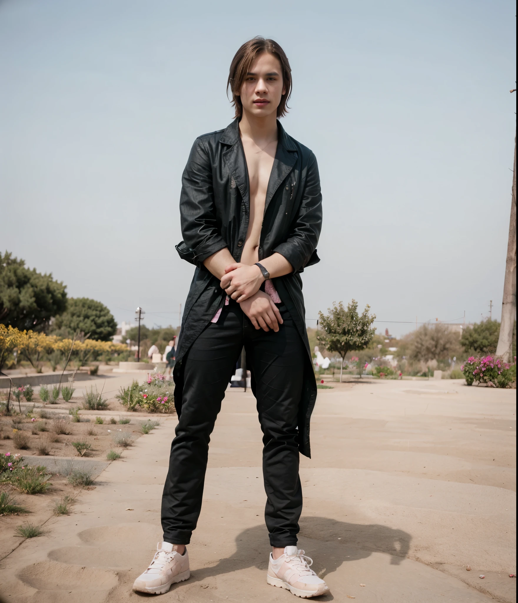 8k, RAW photo, Fujifilm, style photo of a beautiful young woman as avril in a garden of light pink roses (highly detailed skin: 1.2) Style-Petal BREAK short hair, blonde hair with colored locks, wearing a dress, film granulation, 35mm, cute Style Ok a handsome boy