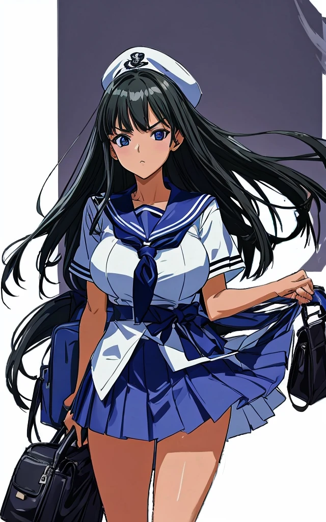 A beautiful woman with long, shoulder-length black hair, big breasts, beautiful legs, and a sharp face is wearing a sailor uniform with a white miniskirt, showing light blue and blue striped panties, and glaring at a middle-aged man in a suit on a crowded train. standing。