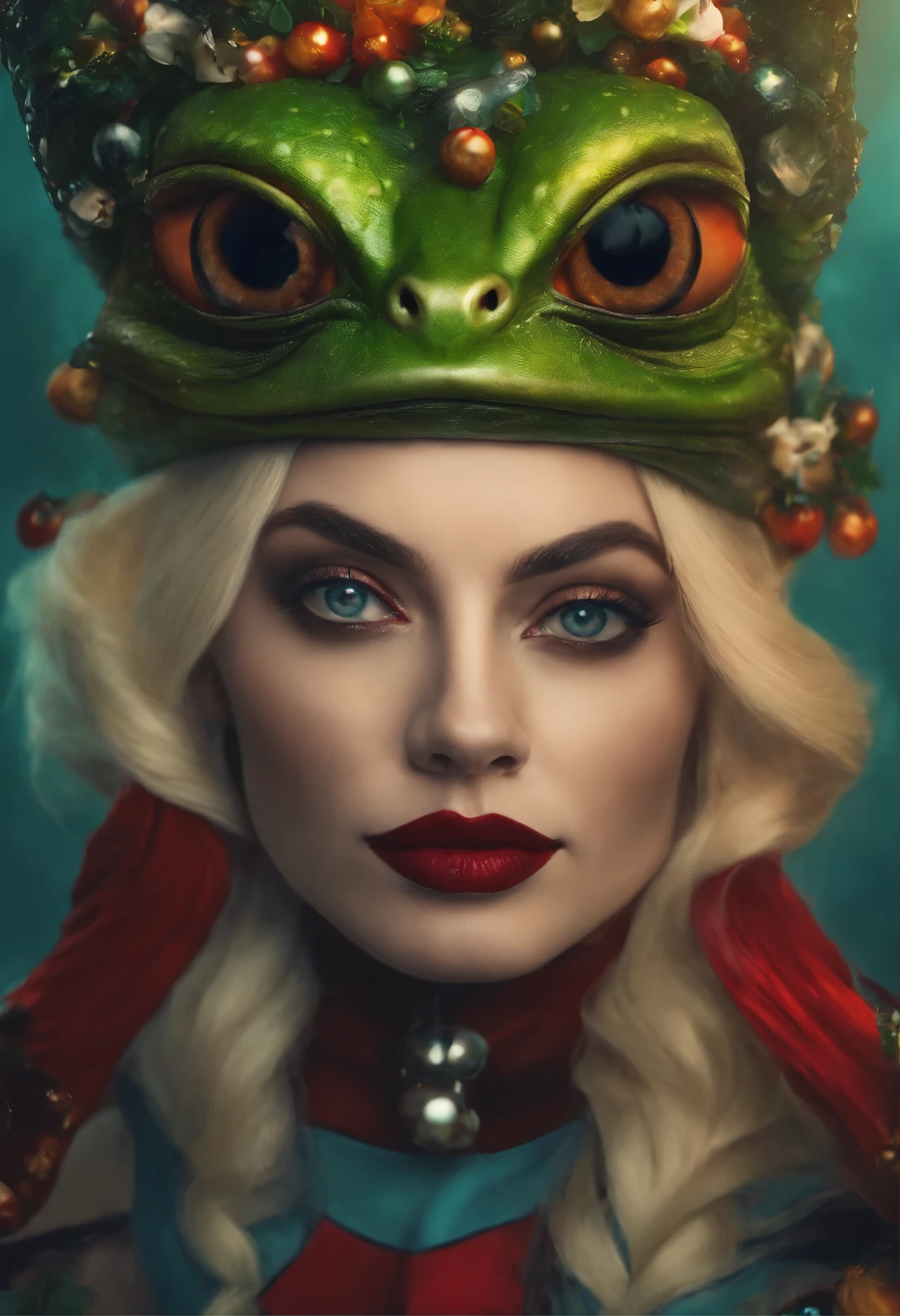 close-up of a woman with a frog on her head, Harley Quinn, портрет Harley Quinn, Colorful camera work, Scary 4K color graphics, artist Julie Bell Beeple, Artist Alessandro Pautasso, Harley Quinn, author Galen Dara, Martin Ten, artistic portrait of Martin Ten, Harley Quinn