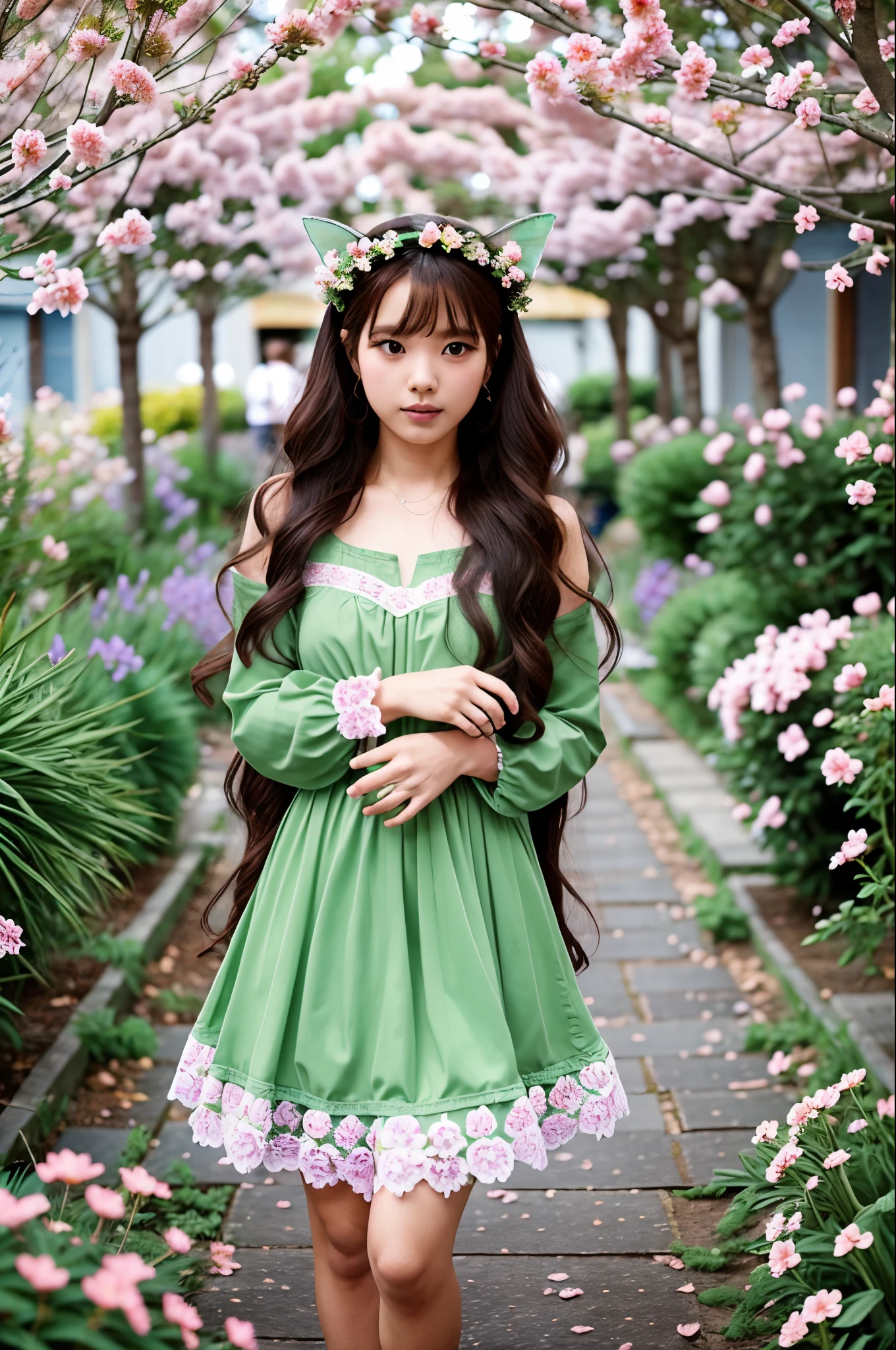 "A long-haired cat, wearing a green dress, stands amidst a garden of flowers, resembling a fairy in a sea of blossoms. Let's experience the natural freshness and purity together!" --auto --s2