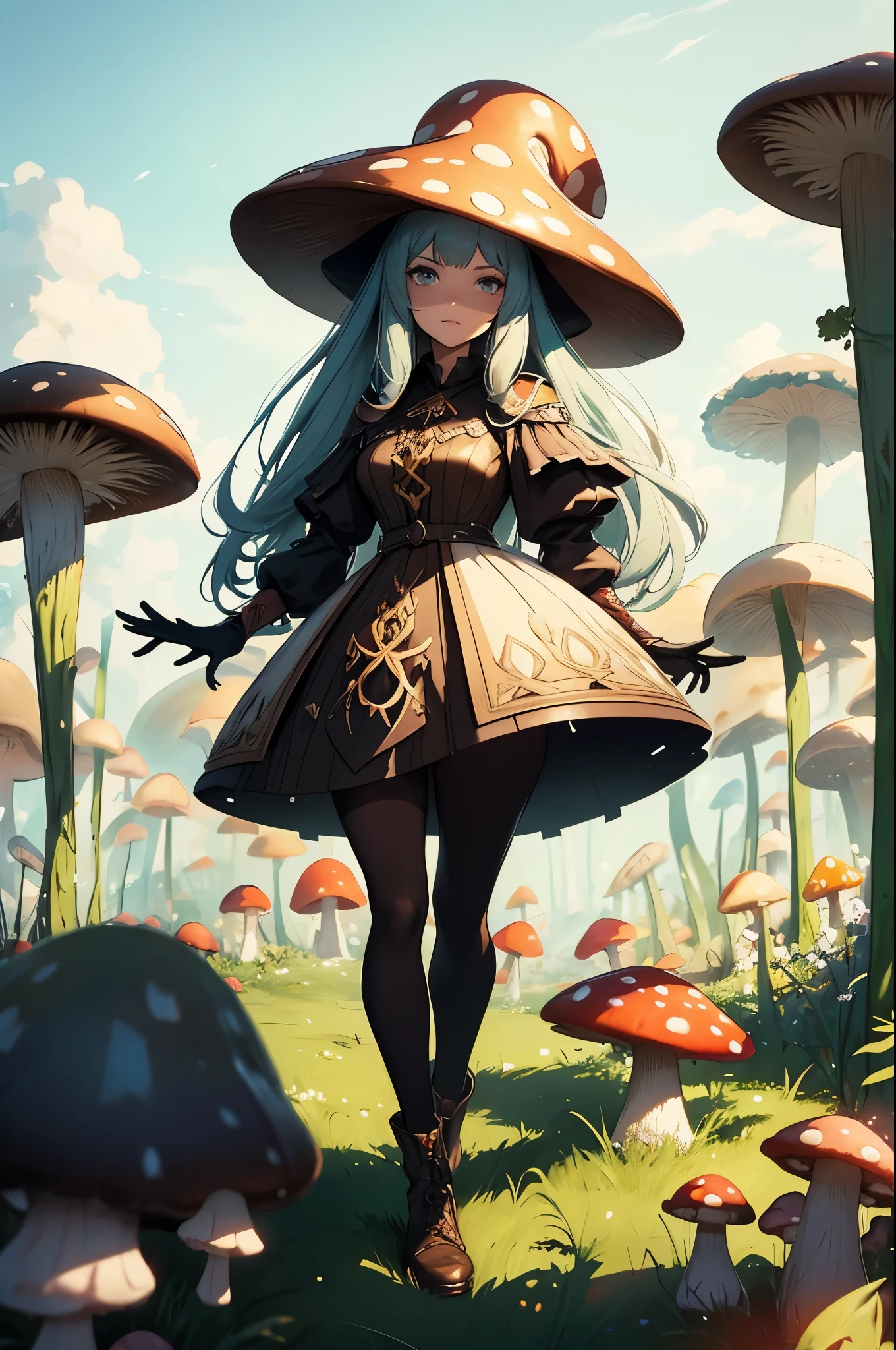 here a woman with a mushroom hat on standing in a field of mushrooms, peter mohrbacher. unreal engine, peter mohrbacher style, mohrbacher, style of peter mohrbacher, wlop and krenz cushart, in style of peter mohrbacher, in the art style of mohrbacher, peter mohrbacher artstyle