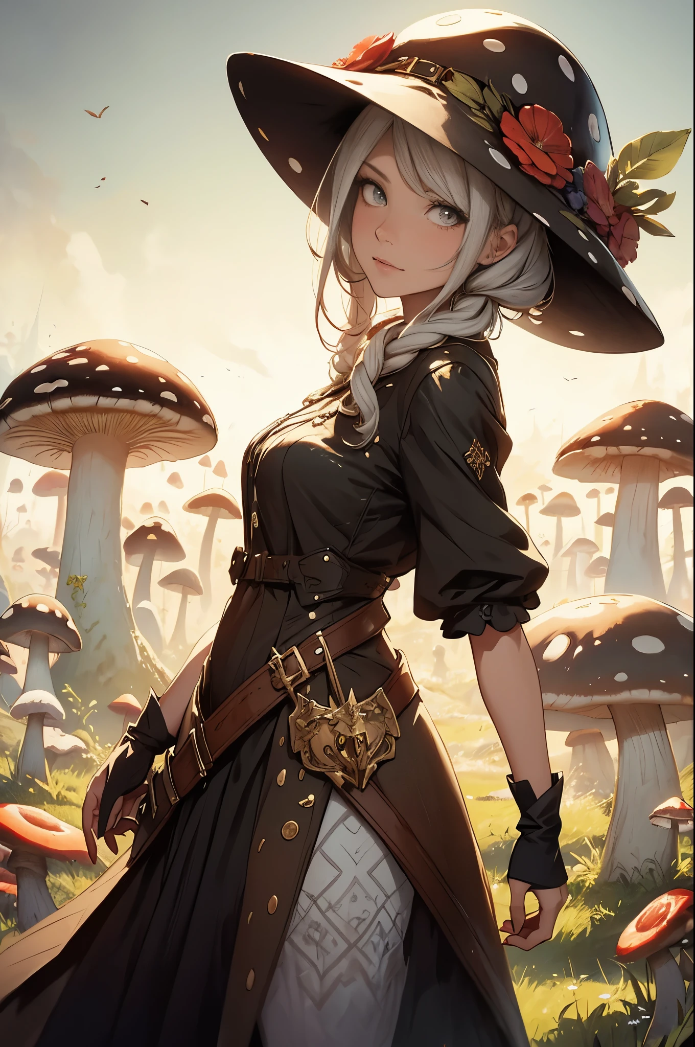 here a woman with a mushroom hat on standing in a field of mushrooms, peter mohrbacher. unreal engine, peter mohrbacher style, mohrbacher, style of peter mohrbacher, wlop and krenz cushart, in style of peter mohrbacher, in the art style of mohrbacher, peter mohrbacher artstyle