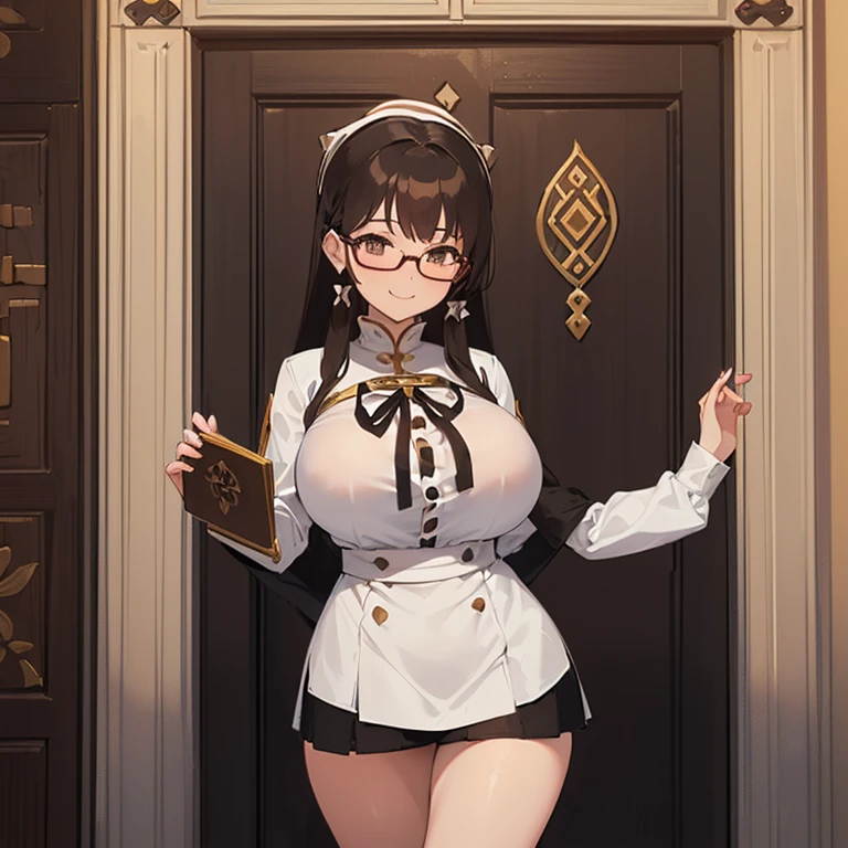 ((1 Woman, with a white mini blouse with Bhutan, with a black mini skirt with Bhutan, with white panties)),((brown hair)),((shallow eyes, with glasses, with a cute smile)), ((big breasts,((standing, in a medieval door, during the day