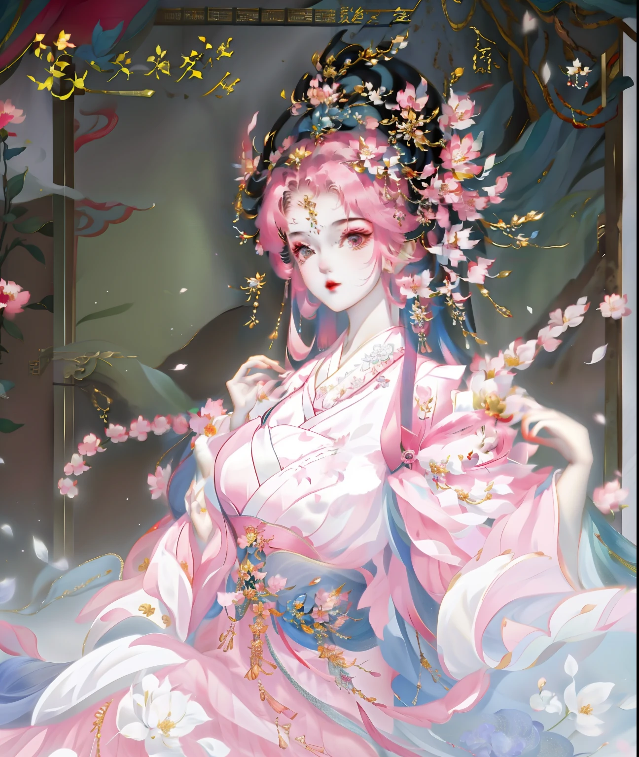 Wearing a pink dress、Anime girl with flowers in her hair, beautiful fantasy queen, ((beautiful fantasy queen)), palace ， A girl wearing Hanfu, full body xianxia, Inspired by Ma Yuanyu, Inspired by Qiu Ying, Inspired by Tang Yifen, xianxia fantasy, Inspired by Huayan, Inspired by Huang Ji