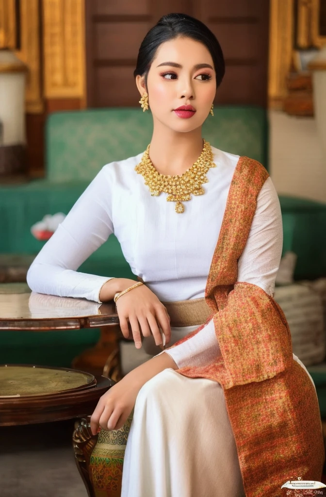 MMTD Burmese patterned traditional dress lady full body details, nice face, fair skin, traditional royal white dress, wearing Parel necklaces, traditional hair style, long scarf on shoulder, sitting on traditional style golden chair look like throne, traditional water jar , cup on tray on a classic table nearby, best composition, full view covered shot, cenimatic lightning and ultra realistic details, octane rendering, sharp focus, unreal engine,32k hd resolution, masterpiece of photography, prize winning award level picture, perfect anatomy