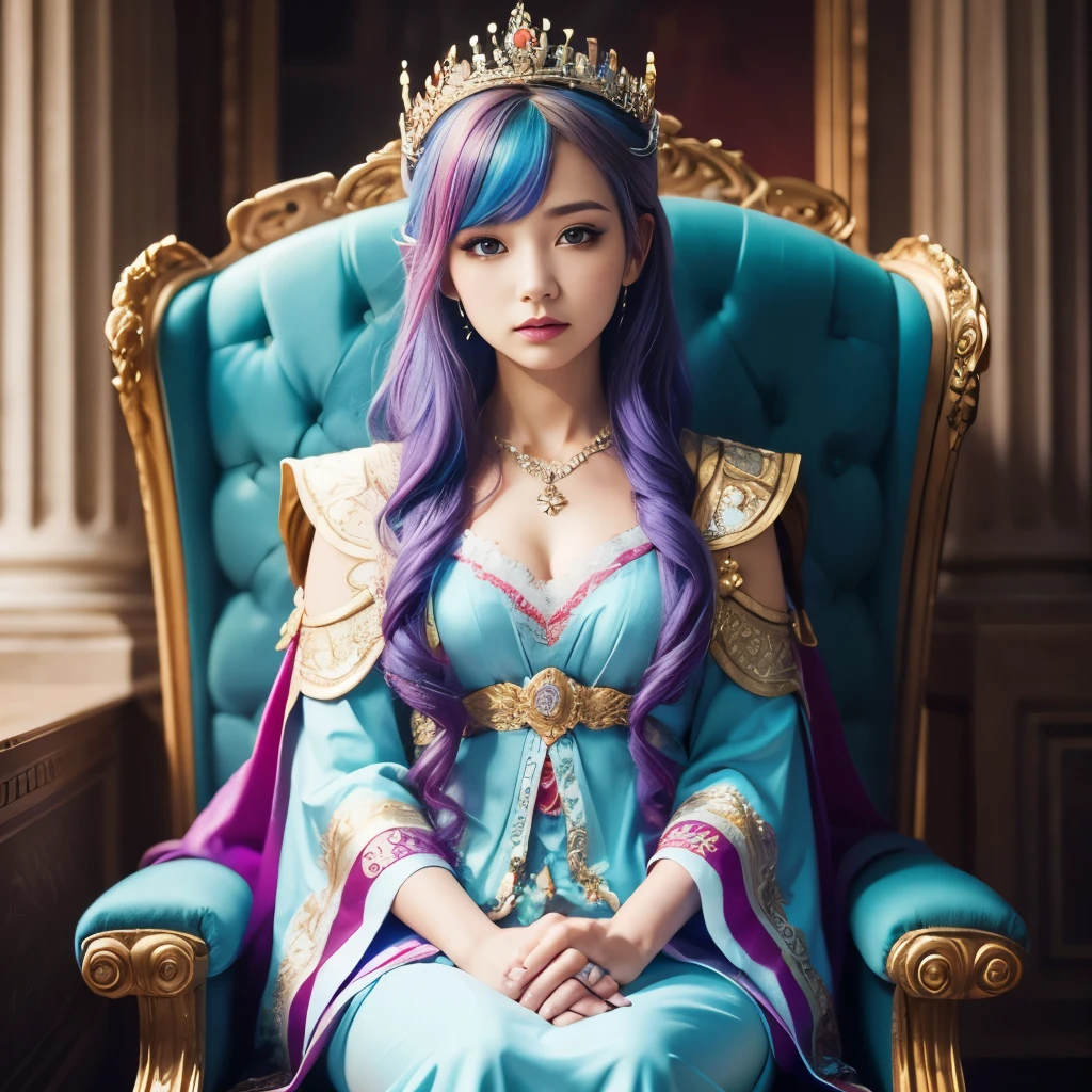 1girl, woman, fairy queen, coronation robes, rainbow colored hair, royal palace, 20 year old female, sitting on throne, arms crossed,