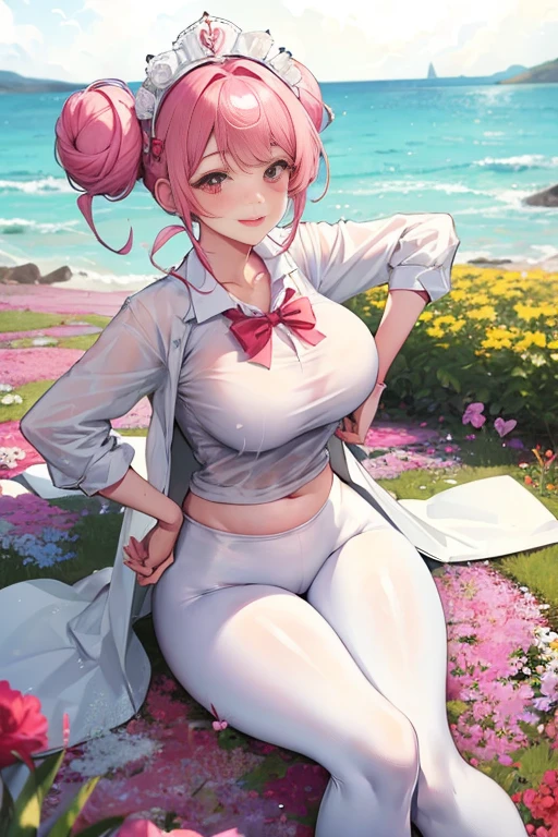 masterpiece、The best、1 female student、White cloth bun bun bun、Shoulder leakage、big breasts、chubby、Smile、white leggings、lace leggings、light pink lips、posing at school,(Soaked all over),legs are open, solo, White polo shirt, looking at the audience, (Thick thighs:1.0),Yazawa Nico,red eyes, Blushed,Blunt hair,hands on hips,greet,Flower headdress,Large scissorlack hair,transparent,lie down