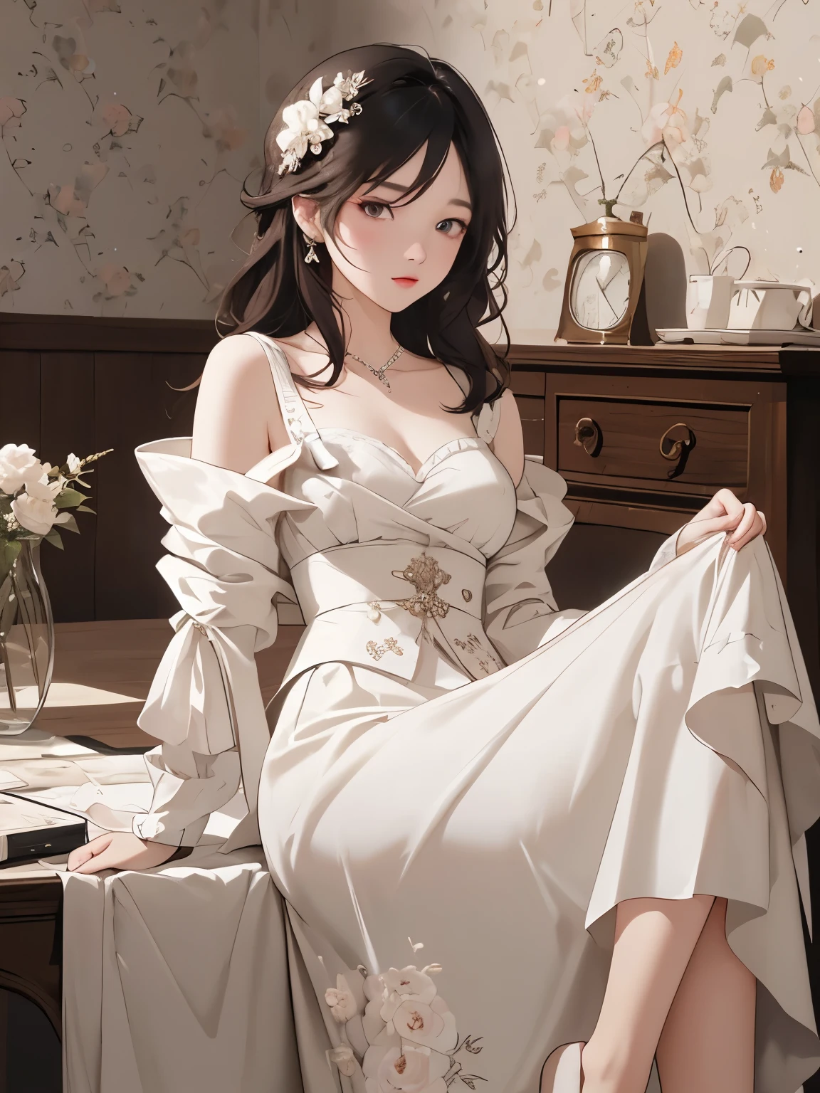 Top quality, 8K, masterpiece, ultra-detailed, white outfit texture, looking at viewer, flushed, detailed beautiful eyes