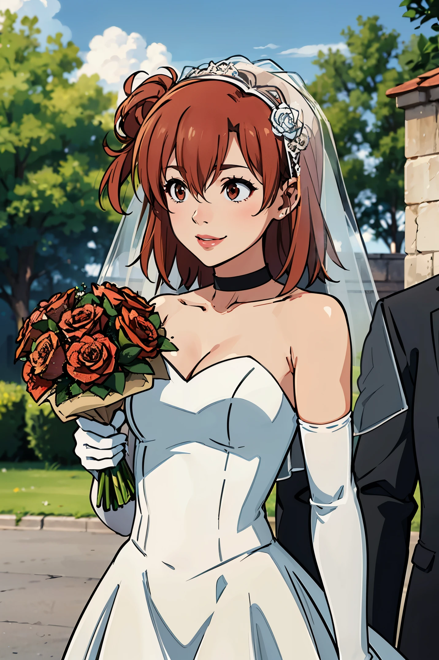 Yuigahama Yui, hair between eyes, ahog, brown hair, Star \(symbol\), hair accessories, skirt, split, shoulder, clavicle, White long elbow gloves, White gloves, white skirt, white collar, Strapless, Head flower，Bouquet，veil, Strapless skirt, wedding skirt, bridal veil, beautiful woman, Perfect body, perfect, wearing a wedding skirt, ball gown, On the tree in the park, wedding decorations, warm smile, Reality, masterpiece, textured skin, Super details, high detail, high quality, best quality, 1080P, 16k