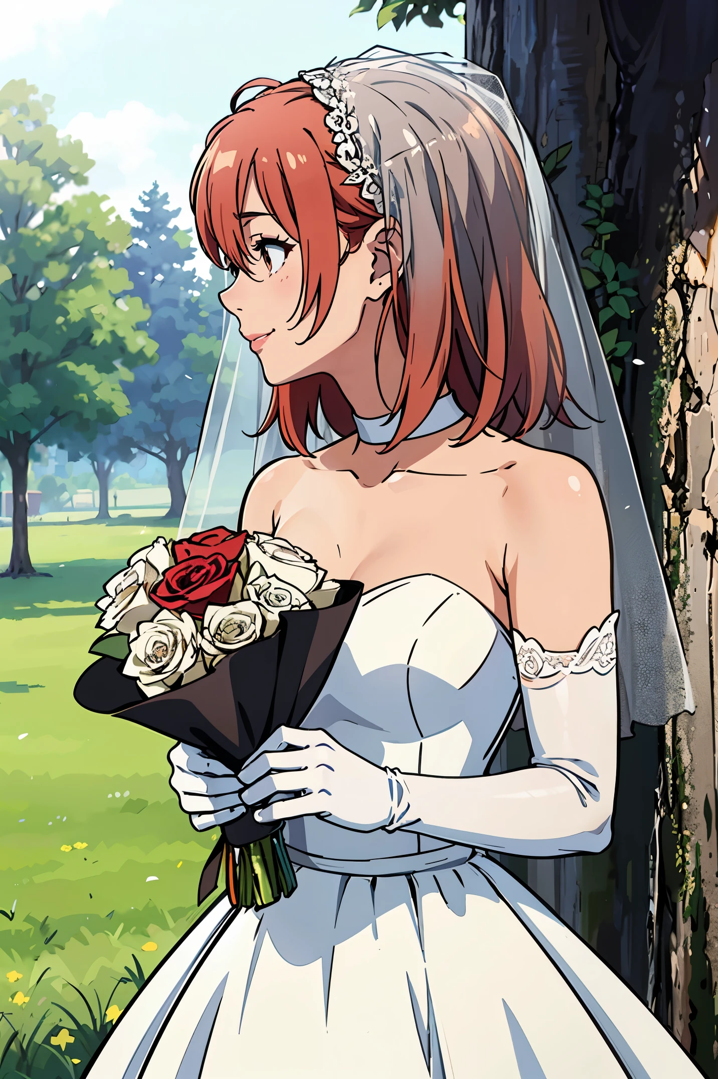 Yuigahama Yui, hair between eyes, ahog, brown hair, Star \(symbol\), hair accessories, skirt, split, shoulder, clavicle, White long elbow gloves, White gloves, white skirt, white collar, Strapless, Head flower，Bouquet，veil, Strapless skirt, wedding skirt, bridal veil, beautiful woman, Perfect body, perfect, wearing a wedding skirt, ball gown, On the tree in the park, wedding decorations, warm smile, Reality, masterpiece, textured skin, Super details, high detail, high quality, best quality, 1080P, 16k