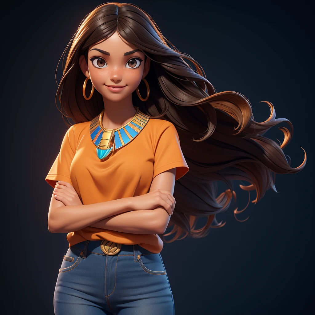 ((Masterpiece, best quality, photography, detailed skin, realistic, photo-realistic, 3D Character Design, pixar, 8k, highly detailed, full length frame, High detail RAW color art, diffused soft lighting, shallow depth of field, sharp focus, hyperrealism, cinematic lighting, close up)); Disney Pixar Movie Poster of 1 girl crossed arms, is an egyptian girl dressed in an orange shirt and blue jeans, wearing a golden scarab necklass, no crown, expression that shows grace and elegance. Focus on capturing their gorgeous black wavy hair, brunette brownish skin and stunning facial features, beautiful smile, 3d render.