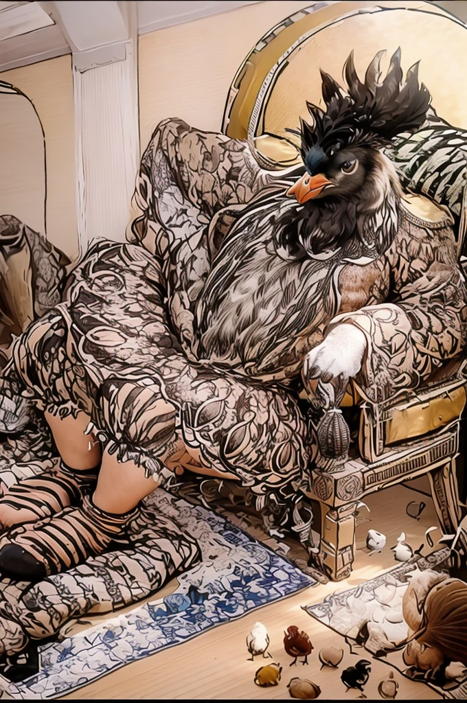drawing of a rooster sitting on a chair with a penguin sitting on the floor, the king of rooster, anthropomorphized chicken, resting on his throne, by Hristofor Žefarović, sitting on his throne, by Gabrijel Jurkić, by Slobodan Pejić, inspired by Hans Burgkmairn the floor, the king of rooster, anthropomorphized chicken, resting on his throne, by Hristofor Žefarović, sitting on his throne, by Gabrijel Jurkić, by Slobodan Pejić, inspired by Hans BurgkmairThis is a rough translation in English: "This is a raw painting. This is a sketch. The style is by Master Bozorgmehr Hosseinpur. Drawn during the Qajar period. In a caravanserai. Iranian Inn. Caravanserai. A symbol of male power, masculinity, and anti-feminism. Struck the woman." put clothes on rooster. iranian castel . realistic photo. realism painting. dark mood
