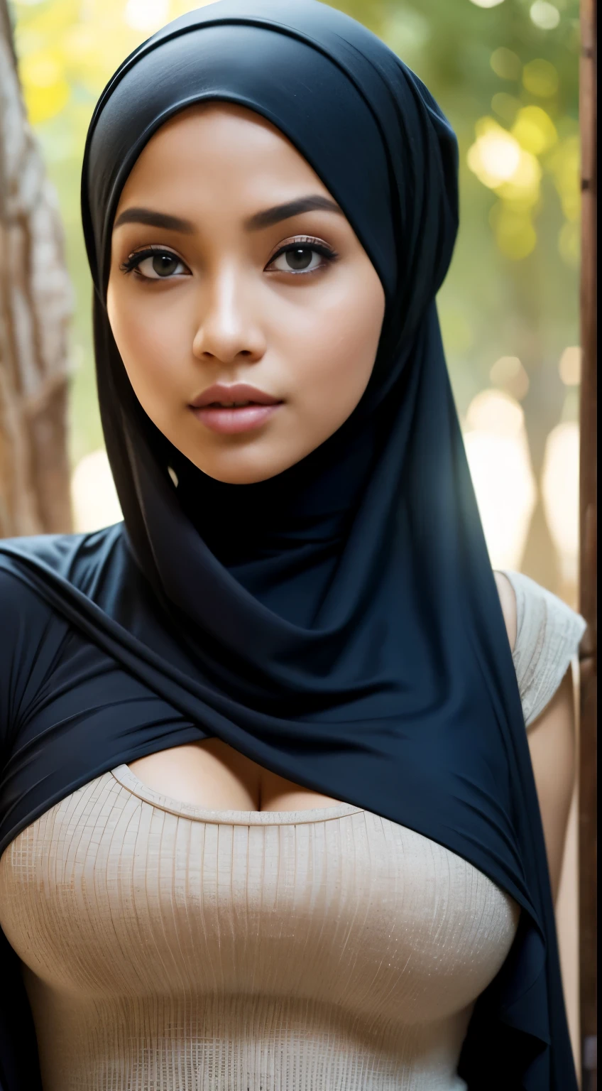 ,RAW, Best quality, high resolution, masterpiece: 1.3), beautiful Malay woman in hijab,Masterpiece, perfect slim fit body, ,big gorgeous eyes, Soft smile,a close up of a woman, wearing beautiful clothes, beautiful design, hijab, rustic, very beautiful enga style, beautiful masterpiece, fine details, wearing gorgeous clothing, (Delicate turtleneck) , necklace, hairband, afternoon walk, City garden, Excellent lighting, Bright colors, Clean lines