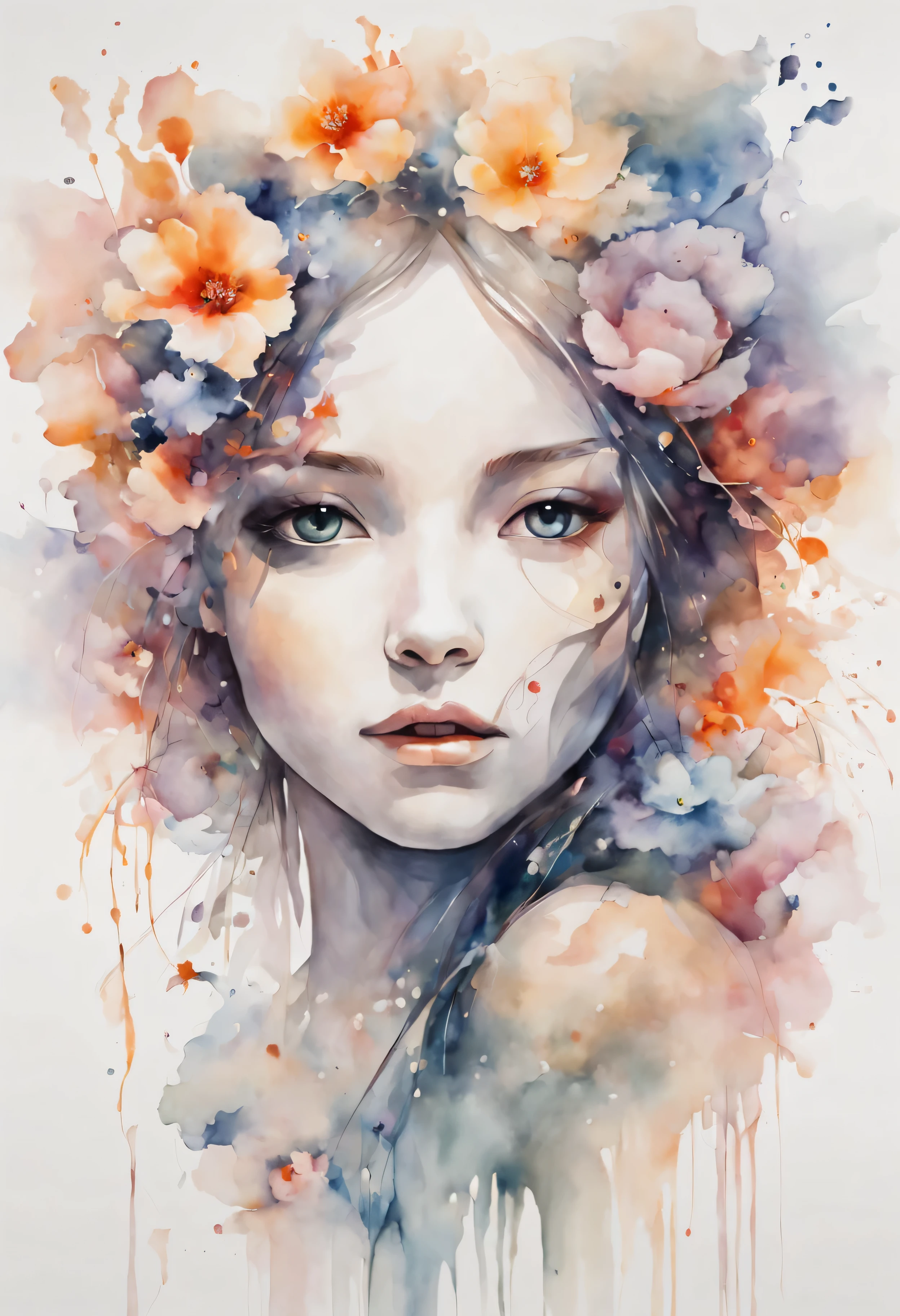 Create an evocative and artistic scene on a canvas, depicting the transformation of a beautiful, innocent face into a mesmerizing composition of watercolor flowers entwined with wisps of ethereal mist. Begin with the portrayal of a serene face in the center of the canvas, featuring delicate features emanating innocence and allure. Gradually transition the facial contours and features into a captivating blend of flowing watercolor strokes, meticulously shaping an array of vibrant flowers with intricate petal details. Infuse the canvas with a dreamlike quality as the floral elements seamlessly merge with wisps of mist or smoke, creating a surreal and enchanting atmosphere. Use the canvas as a medium to capture the artistic transformation, portraying the beauty of the evolving composition as the innocent face gracefully dissolves into a harmonious tapestry of watercolor blooms and mystical mist. Employ the canvas's texture and artistic elements to enhance the enchantment of this evocative metamorphosis, evoking emotions of wonder, beauty, and artistic expression