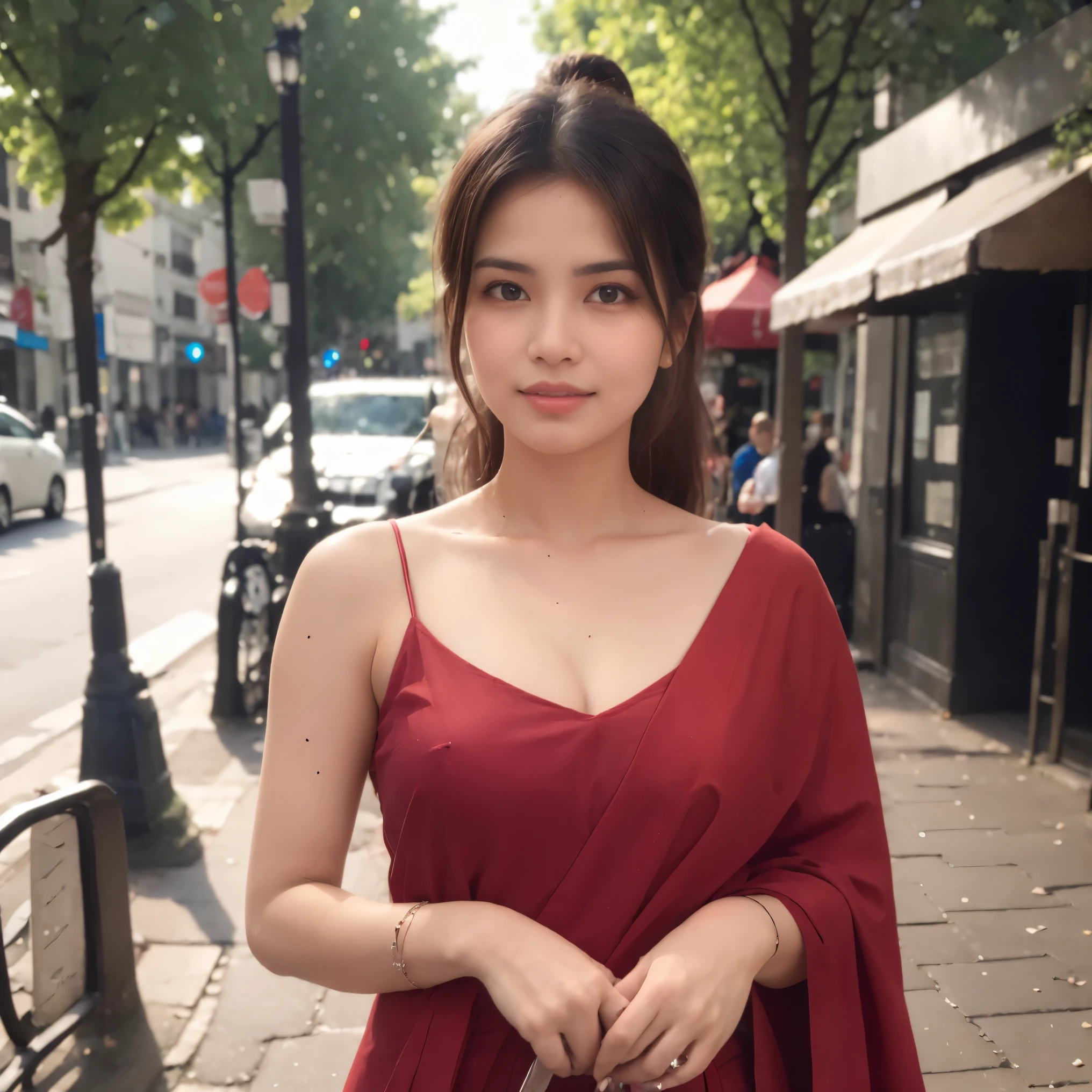 Indian model, wearing red saree, charming black hair, coffee in hand ((hair ends are blonde)), city street background, bokeh, HDR 4k, detailed 