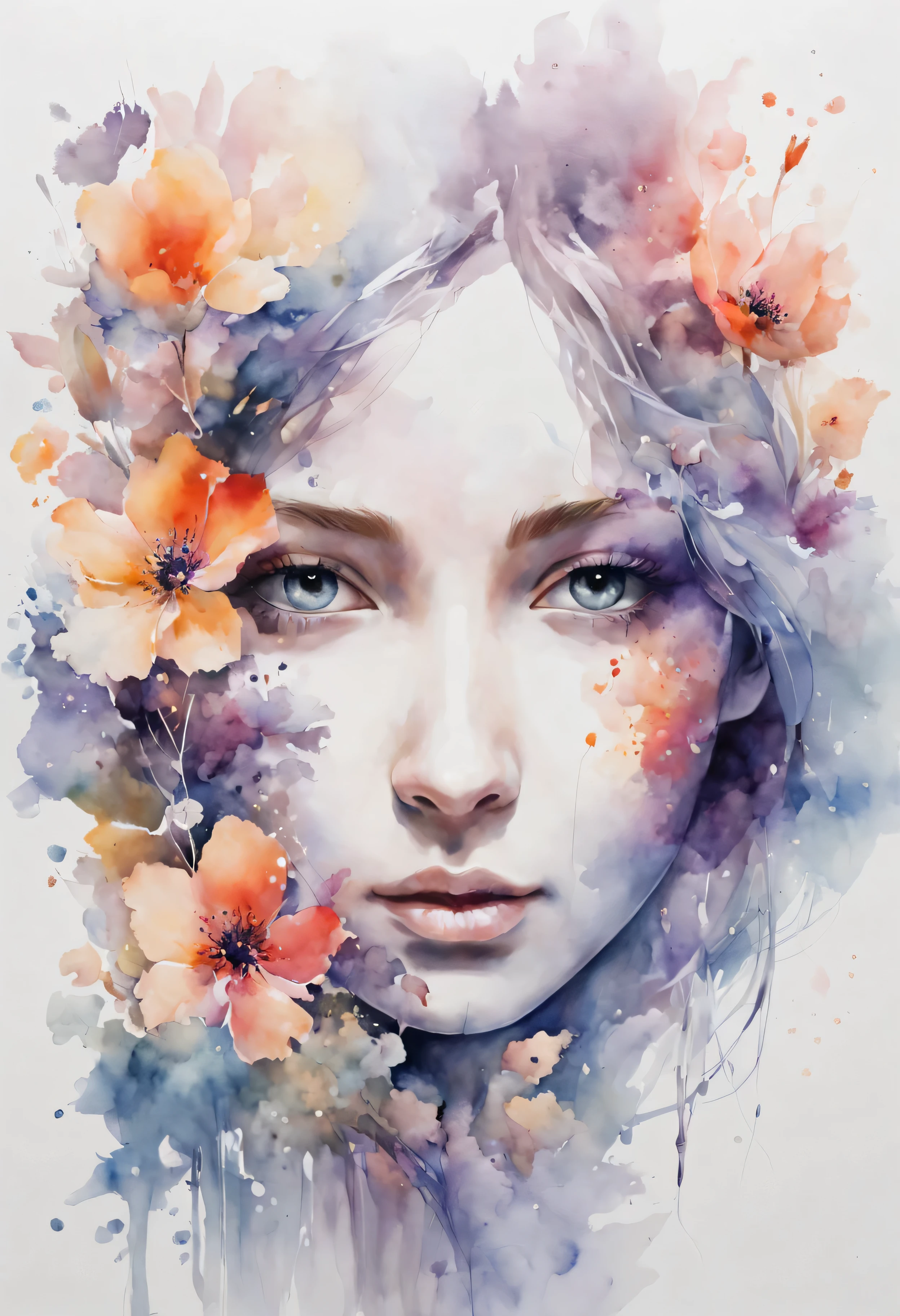 Create an evocative and artistic scene on a canvas, depicting the transformation of a beautiful, innocent face into a mesmerizing composition of watercolor flowers entwined with wisps of ethereal mist. Begin with the portrayal of a serene face in the center of the canvas, featuring delicate features emanating innocence and allure. Gradually transition the facial contours and features into a captivating blend of flowing watercolor strokes, meticulously shaping an array of vibrant flowers with intricate petal details. Infuse the canvas with a dreamlike quality as the floral elements seamlessly merge with wisps of mist or smoke, creating a surreal and enchanting atmosphere. Use the canvas as a medium to capture the artistic transformation, portraying the beauty of the evolving composition as the innocent face gracefully dissolves into a harmonious tapestry of watercolor blooms and mystical mist. Employ the canvas's texture and artistic elements to enhance the enchantment of this evocative metamorphosis, evoking emotions of wonder, beauty, and artistic expression