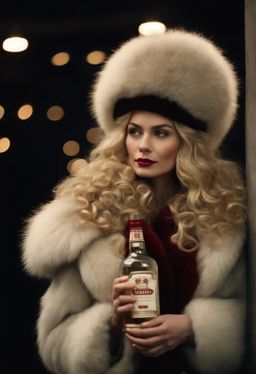 A blonde with wavy hair in a fluffy fur hat of the USSR in a long black mink coat holds a bottle of vodka in her hands behind her back Red Square Moscow snow winter New Year