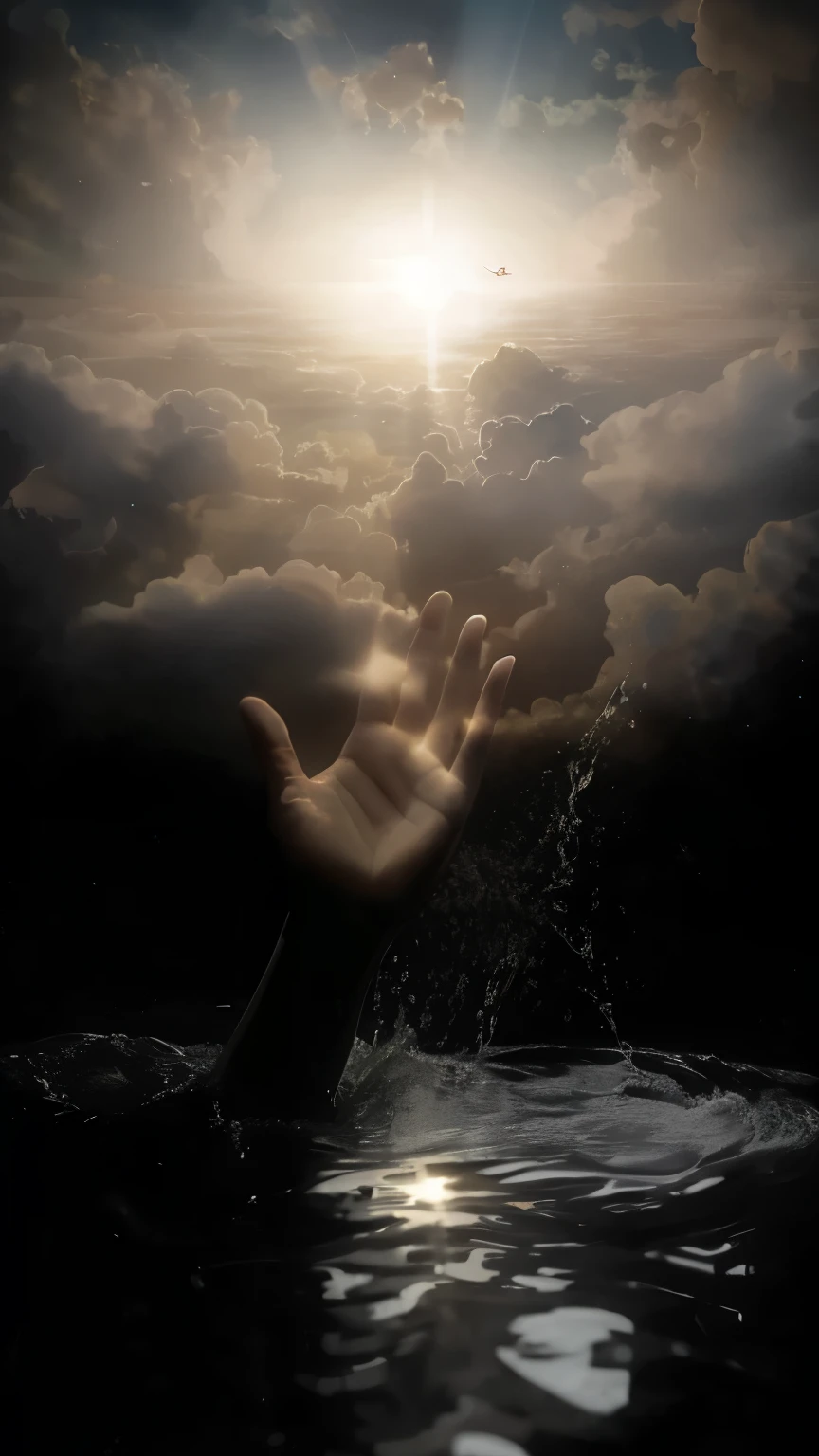 a person reaching out of the water to reach the sun, reaching towards the heavens, ! holding in his hand !, drowning, finger of god, heavens, by Jon Coffelt, heaven, arm reaching out of thick fog, hands, blind, pointing to heaven, heavenly, an amazing photo, salvation, flood, overload, by Aleksander Gierymski, drowned