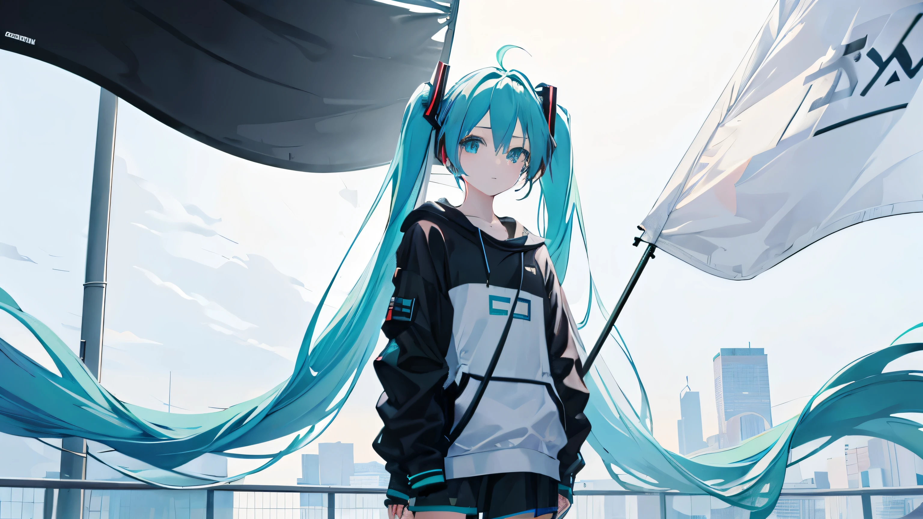 hatsune miku, long sleeve, casual clothes, Minimalist style, (big flag:1.2), (masterpiece), (highest quality, 8K, High resolution), Super detailed, (reality), Bright colors,