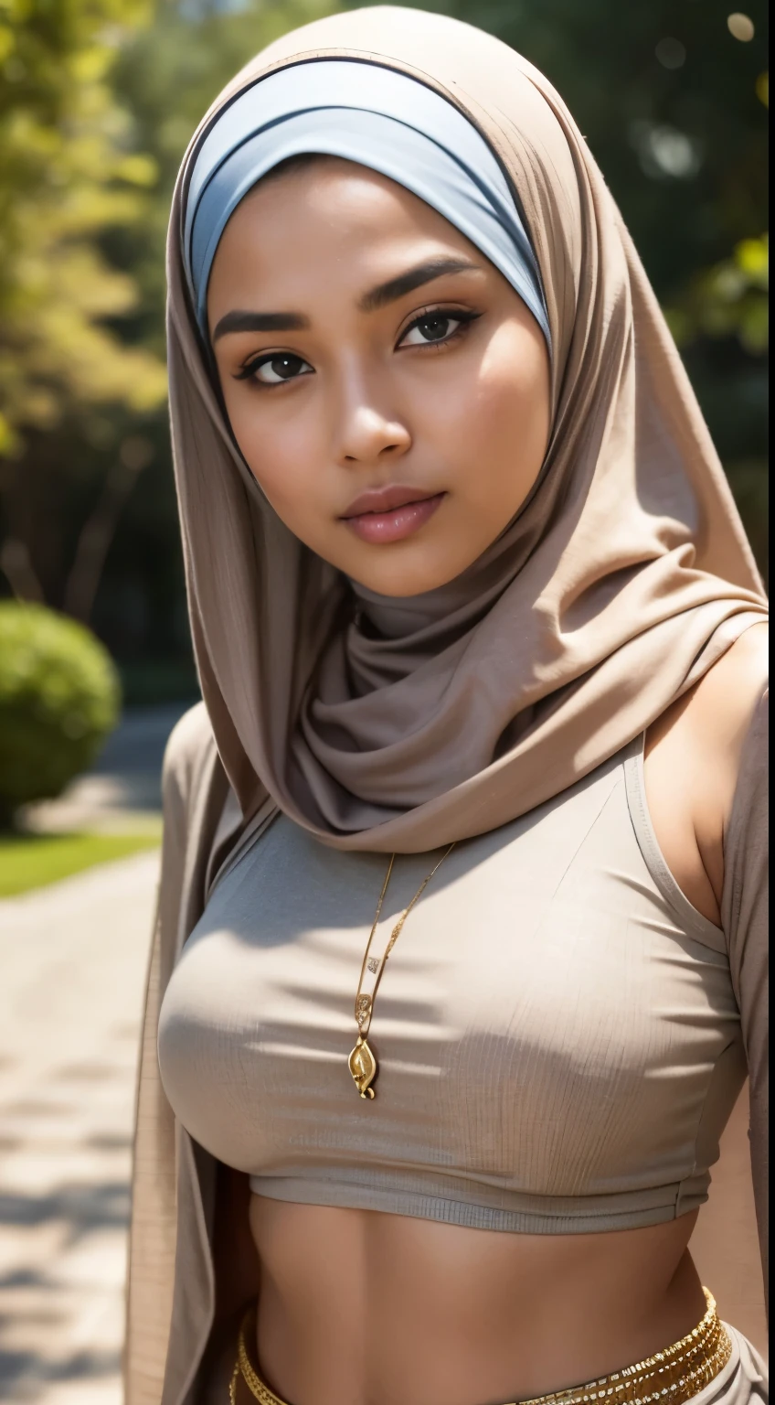 underboob,RAW, Best quality, high resolution, masterpiece: 1.3), beautiful Malay woman in hijab,Masterpiece, perfect slim fit body, Huge breast,big gorgeous eyes, Soft smile,a close up of a woman, wearing beautiful clothes, beautiful design, hijab, rustic, very beautiful enga style, beautiful masterpiece, fine details, wearing gorgeous clothing, (Delicate turtleneck) , necklace, hairband, afternoon walk, City garden, Excellent lighting, Bright colors, Clean lines