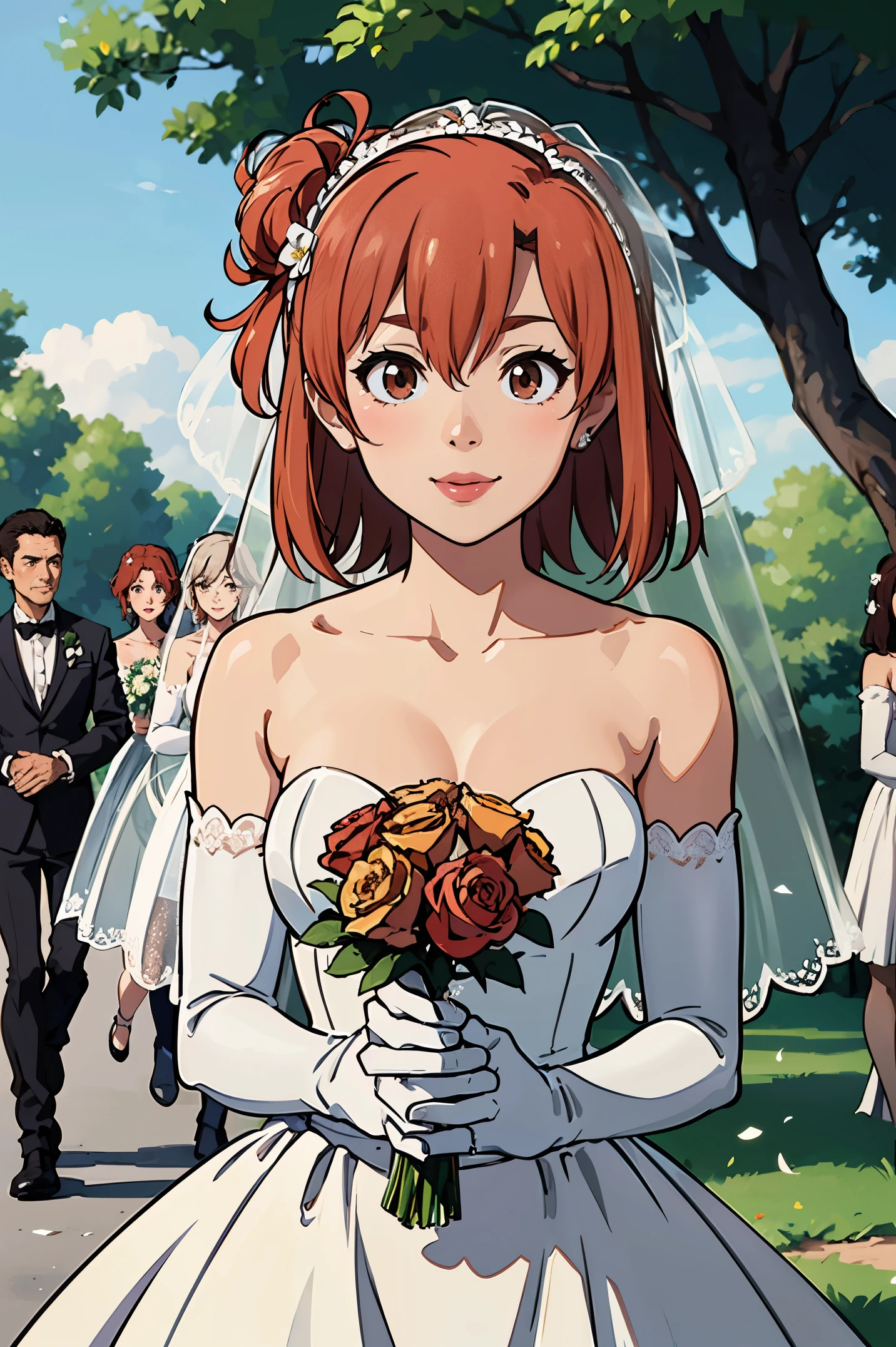 Yuigahama Yui, hair between eyes, ahog, brown hair, Star \(symbol\), hair accessories, skirt, split, shoulder, clavicle, White long elbow gloves, White gloves, white skirt, white collar, Strapless, Head flower，Bouquet，veil, Strapless skirt, wedding skirt, bridal veil, beautiful woman, Perfect body, perfect, wearing a wedding skirt, ball gown, On the tree in the park, wedding decorations, warm smile, Reality, masterpiece, textured skin, Super details, high detail, high quality, best quality, 1080P, 16k